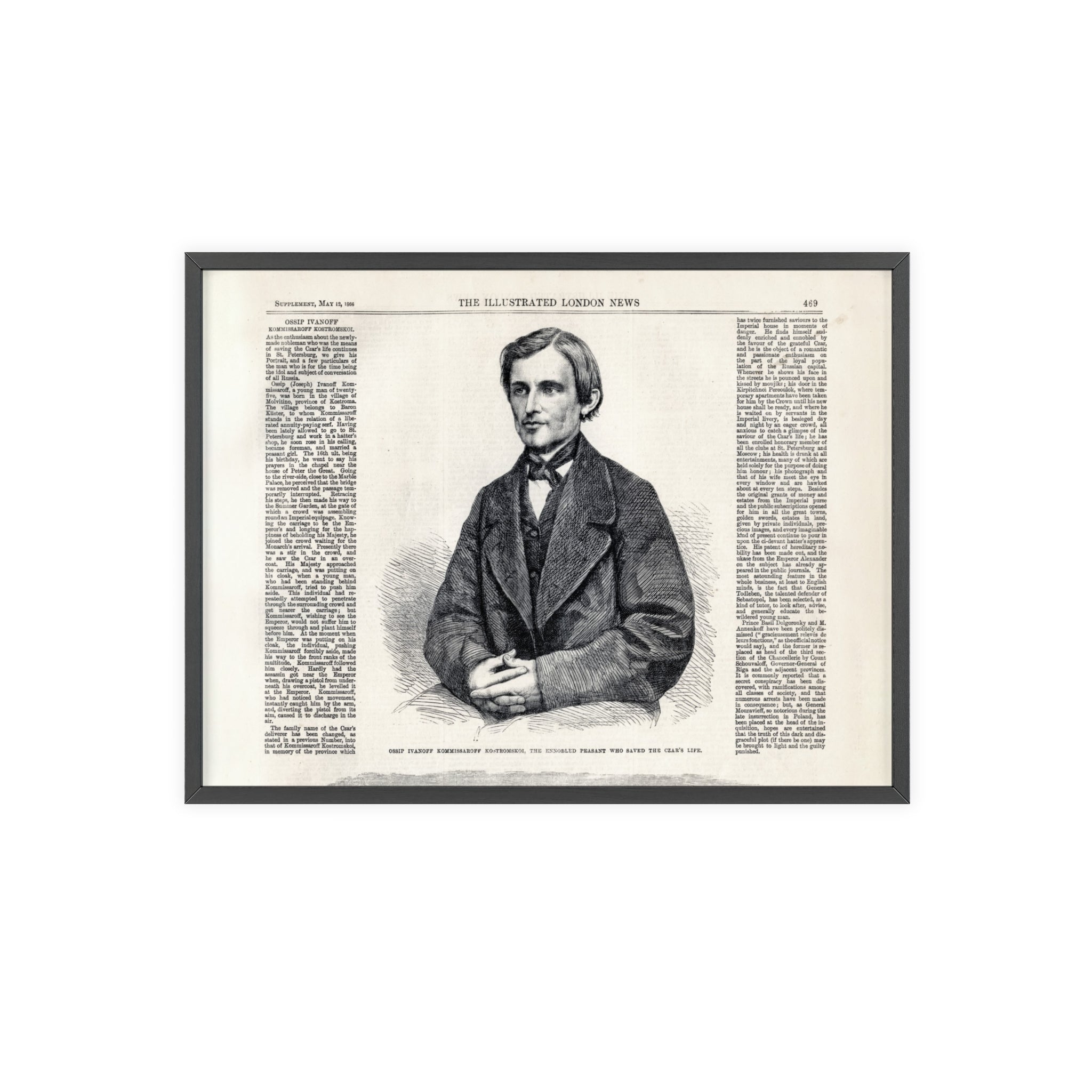 Portrait of Ossip Ivanoff the peasant who saved the Czar's Life. Vintage Newspaper Print Poster with Wooden Frame