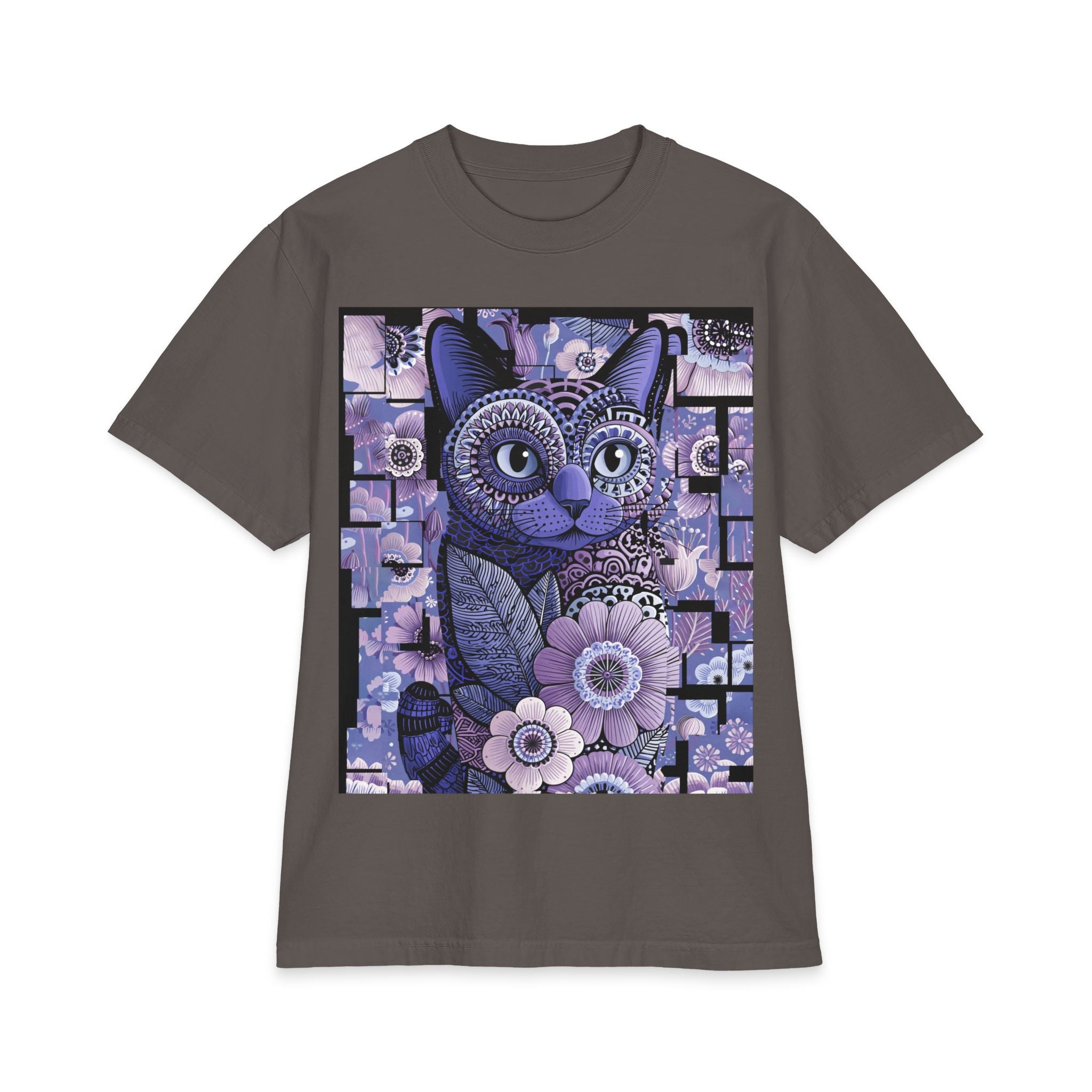 Purple Floral Cat T-Shirt — Whimsical Boho Cat Art Tee