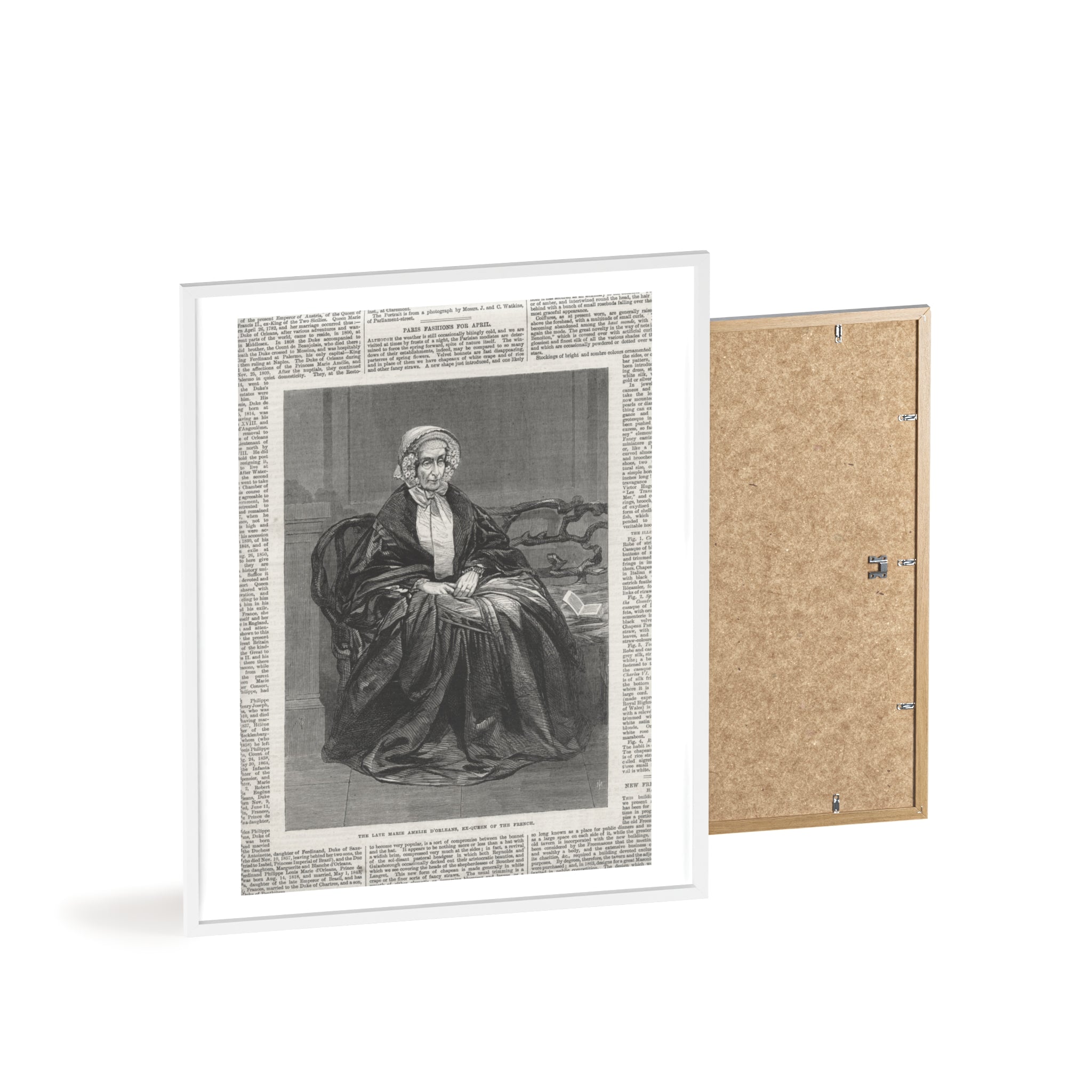 The Late Marie Amelie D'Orleans, Ex-Queen of the French. Vintage Portrait Newspaper Art Poster with Black Wooden Frame