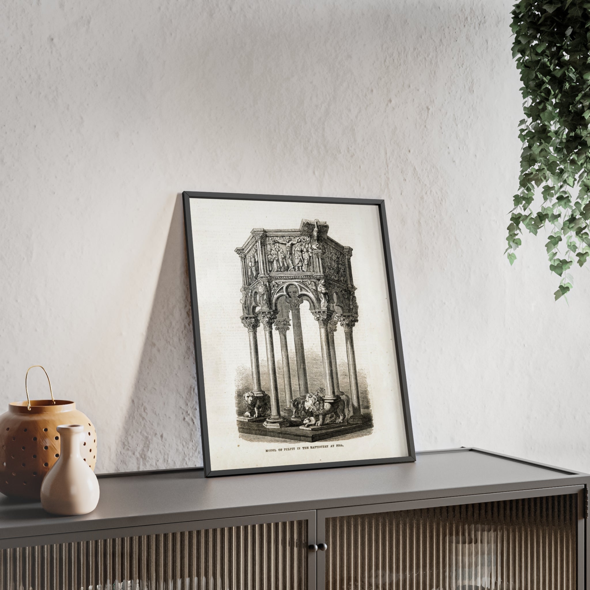 Model of Pulpit in the Baptistery at PISA. Antique Architectural Print Poster — Gothic Baptistery Illustration in Wooden Frame