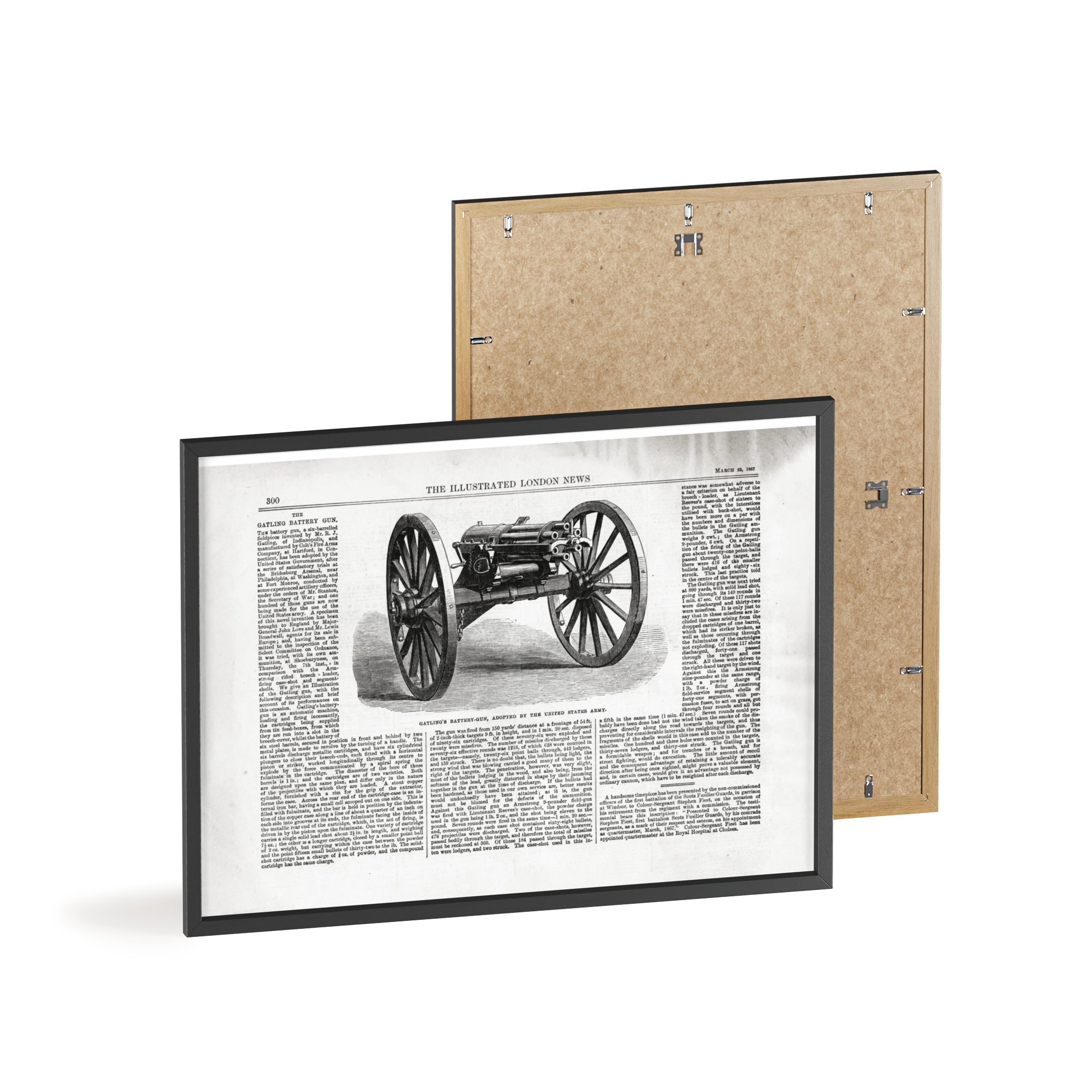 GATLING'S Battery-Gun, adopted by the United States Army. Vintage Cannon Patent Poster with Wooden Frame – Antique Engineering Print