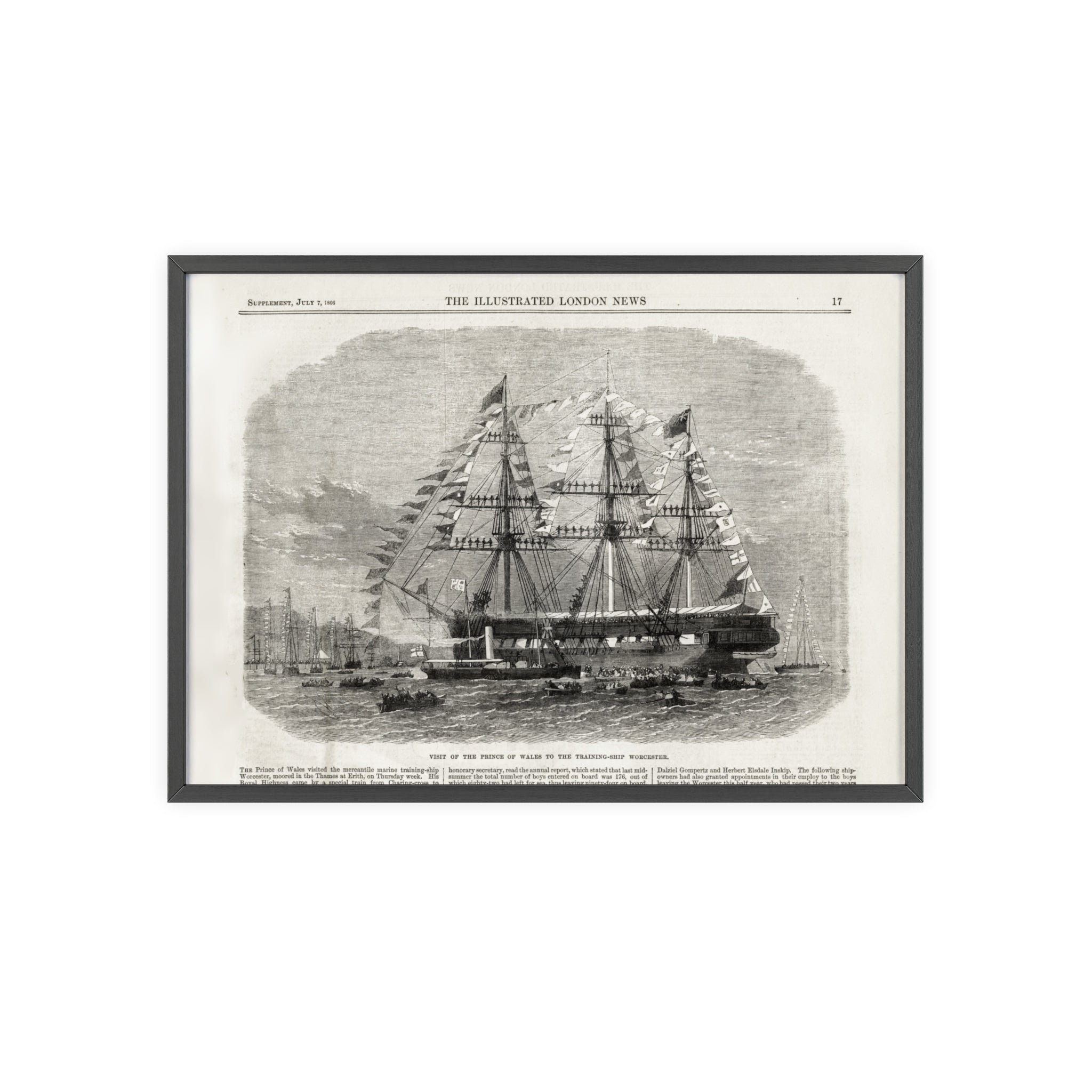 Visit of the Prince of Wales to the Training-Ship Worcester. Framed Vintage Sailing Ship Poster — Nautical Wall Art with Wooden Frame
