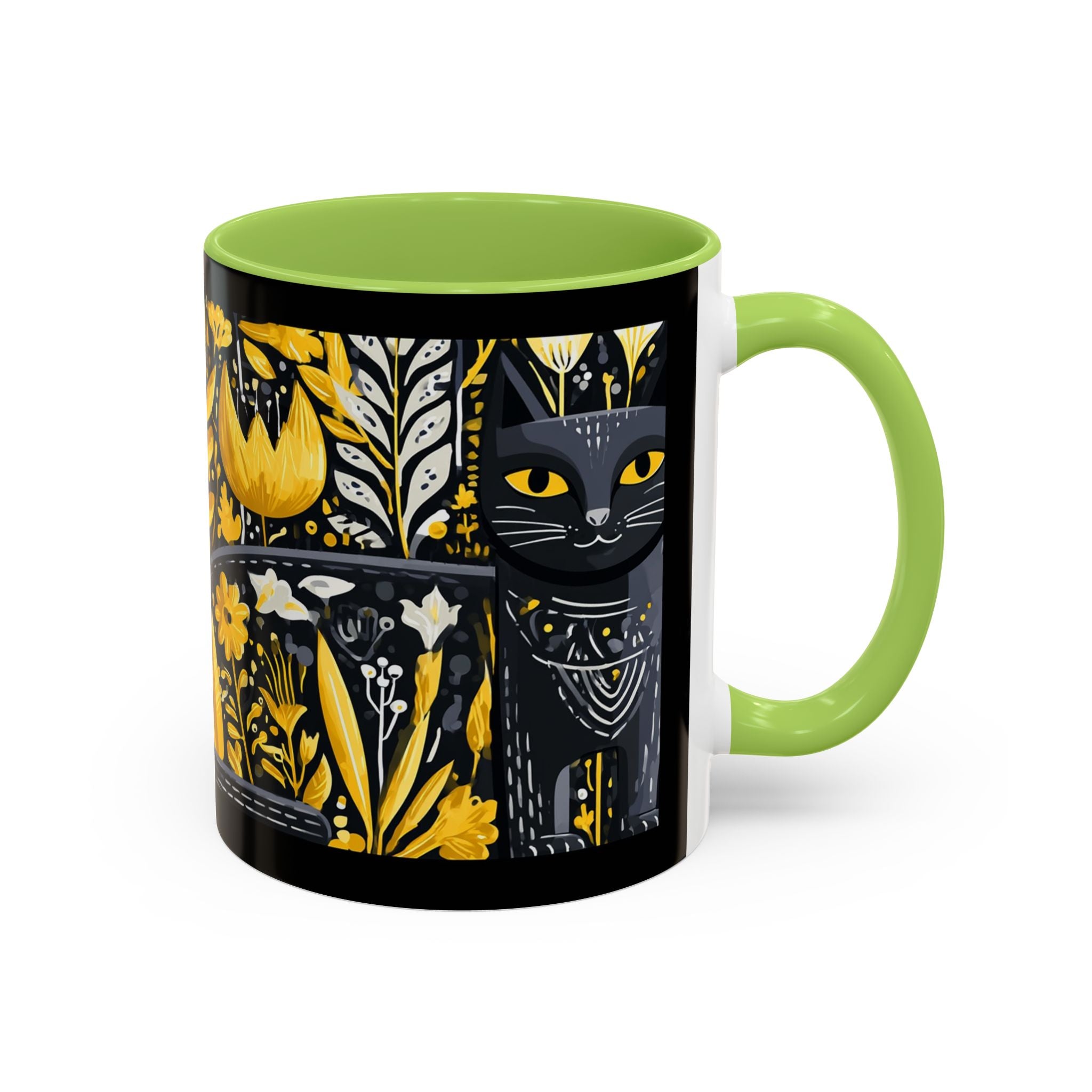 Black & Gold Cat Floral Coffee Mug — Whimsical Botanical Cat Accent Mug (11/15oz)
