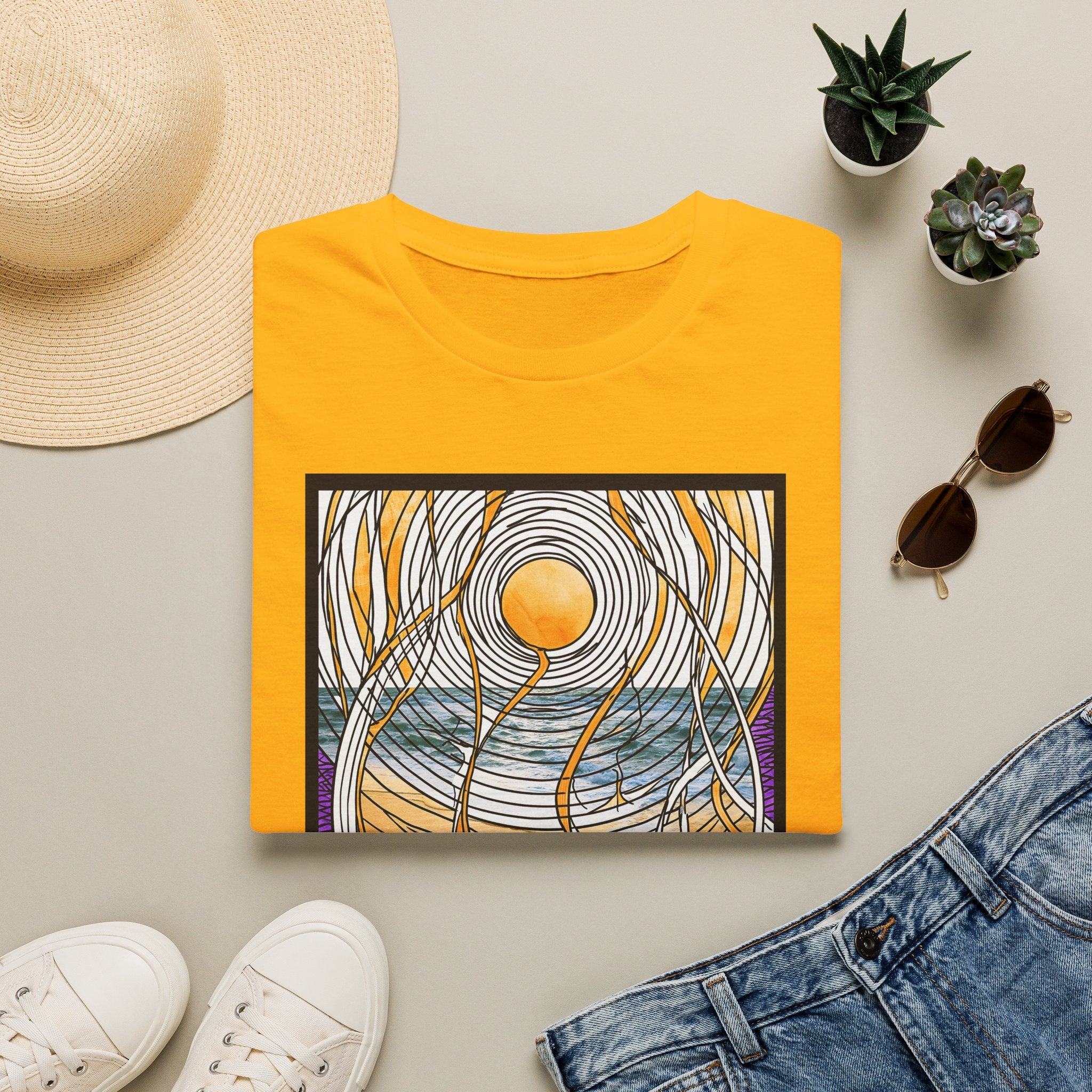 Sunlit Waves Art Tee — Black Cat & Golden Moon Graphic T-Shirt