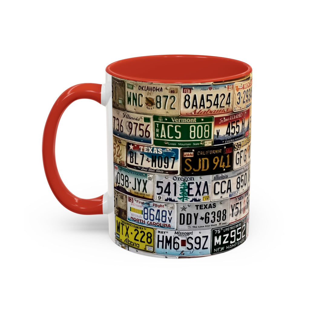 License Plate Collage Coffee Mug — Route 66, Vintage Road Trip Accent Mug