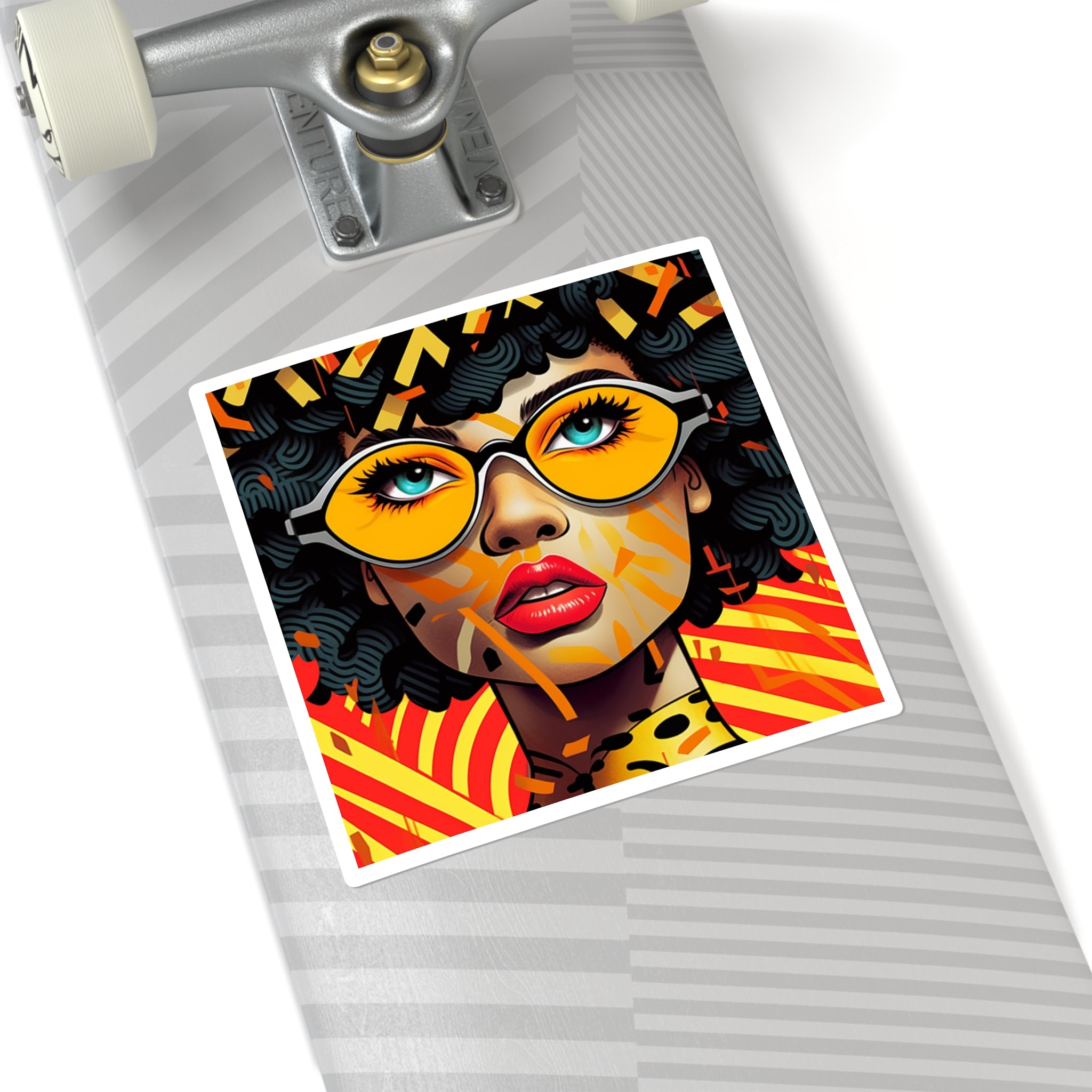 Afro Pop Art Square Sticker — Retro Sunglasses Woman, Bold Colorful Laptop Decal