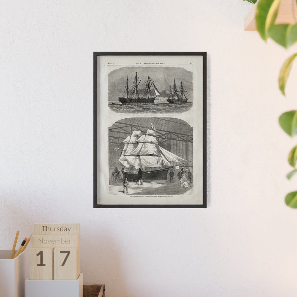 Vintage Nautical Ship Poster with Wooden Frame – Antique Sailing Print Wall Art