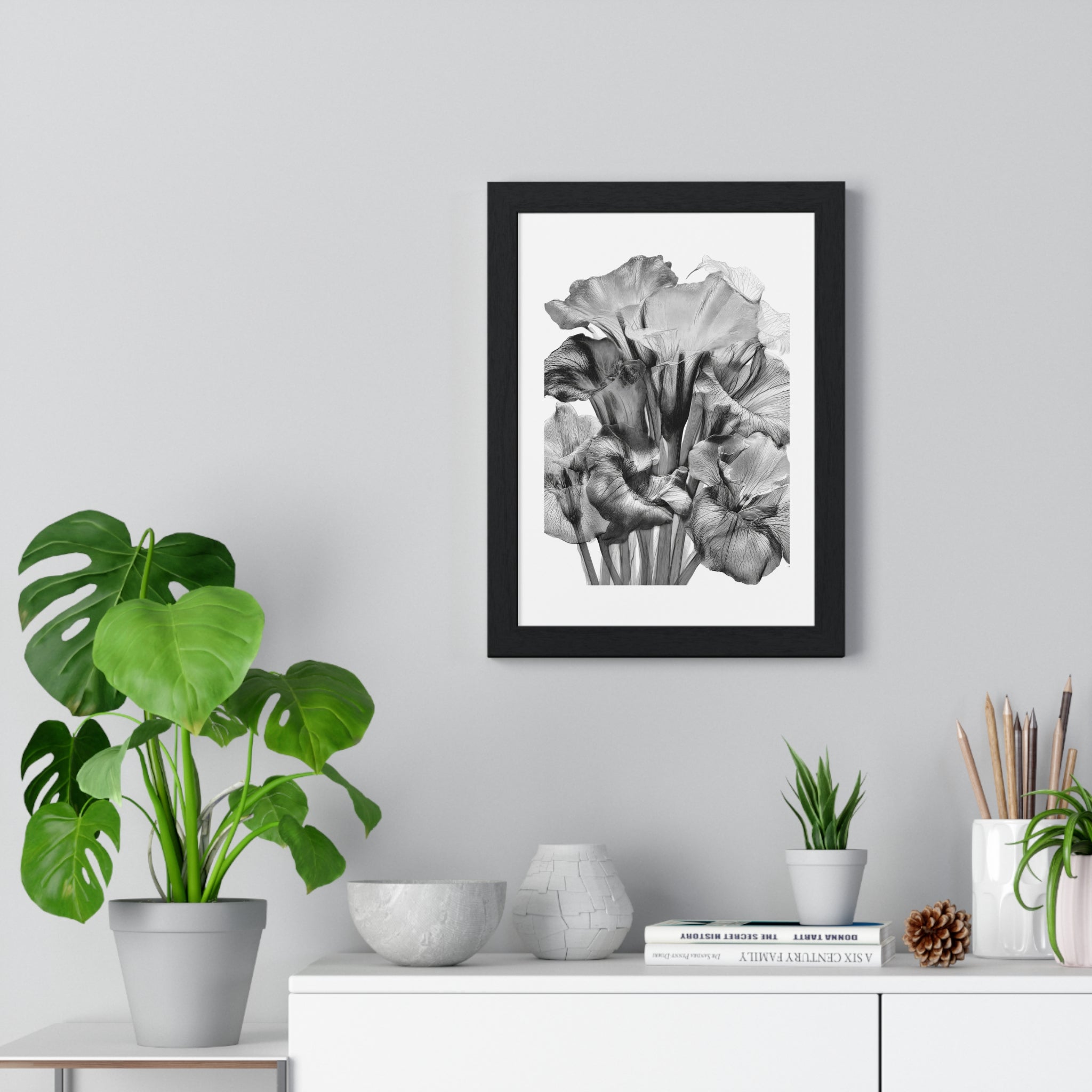 Monochrome Iris Floral Poster — Vertical Framed Wall Art