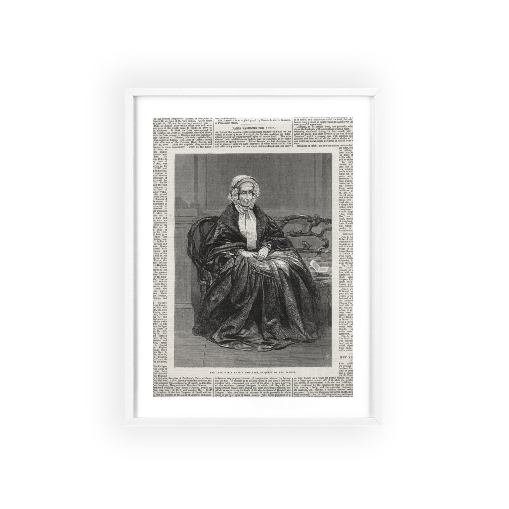 The Late Marie Amelie D'Orleans, Ex-Queen of the French. Vintage Portrait Newspaper Art Poster with Black Wooden Frame