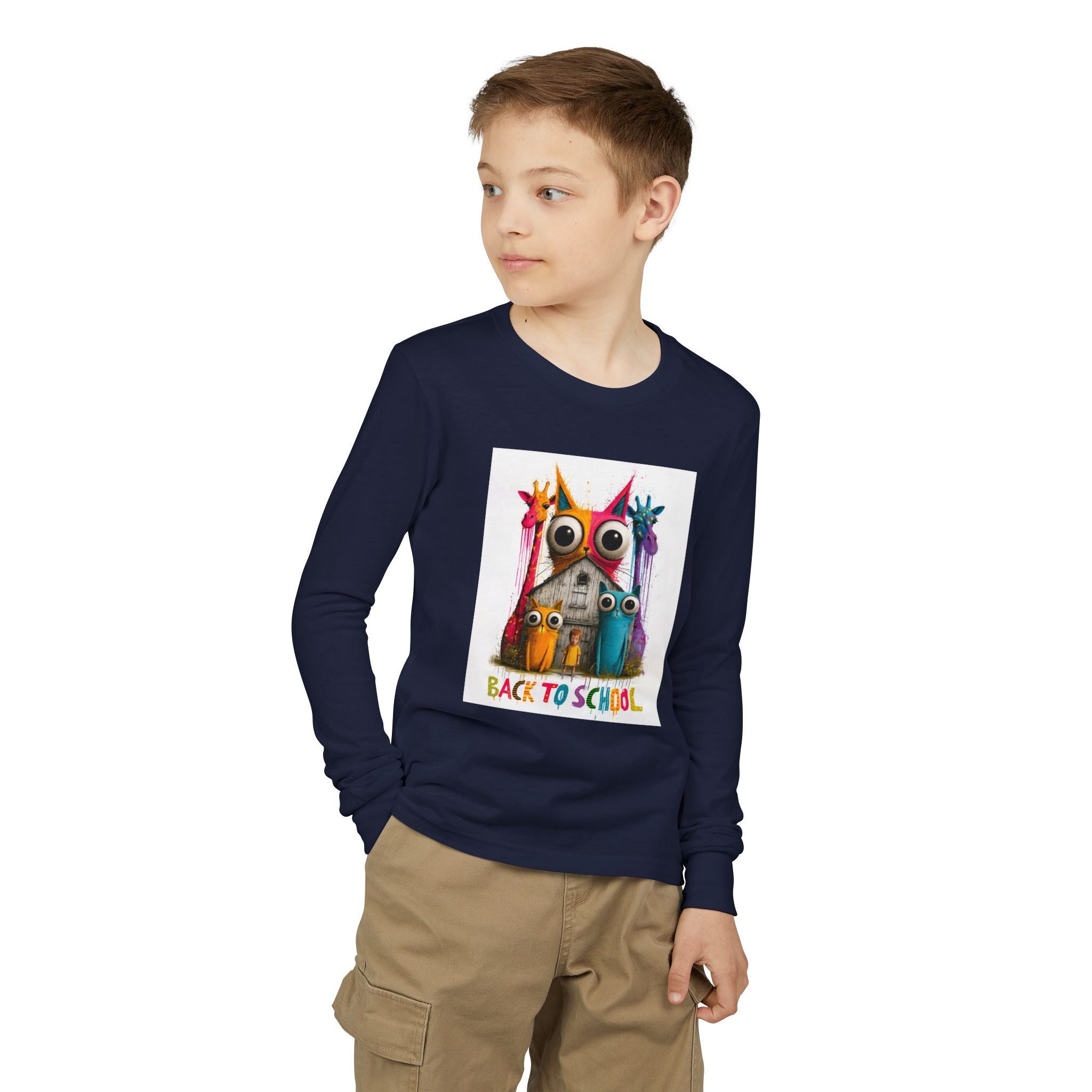 Back to School Youth Long Sleeve Tee — Colorful Owl Schoolhouse Design