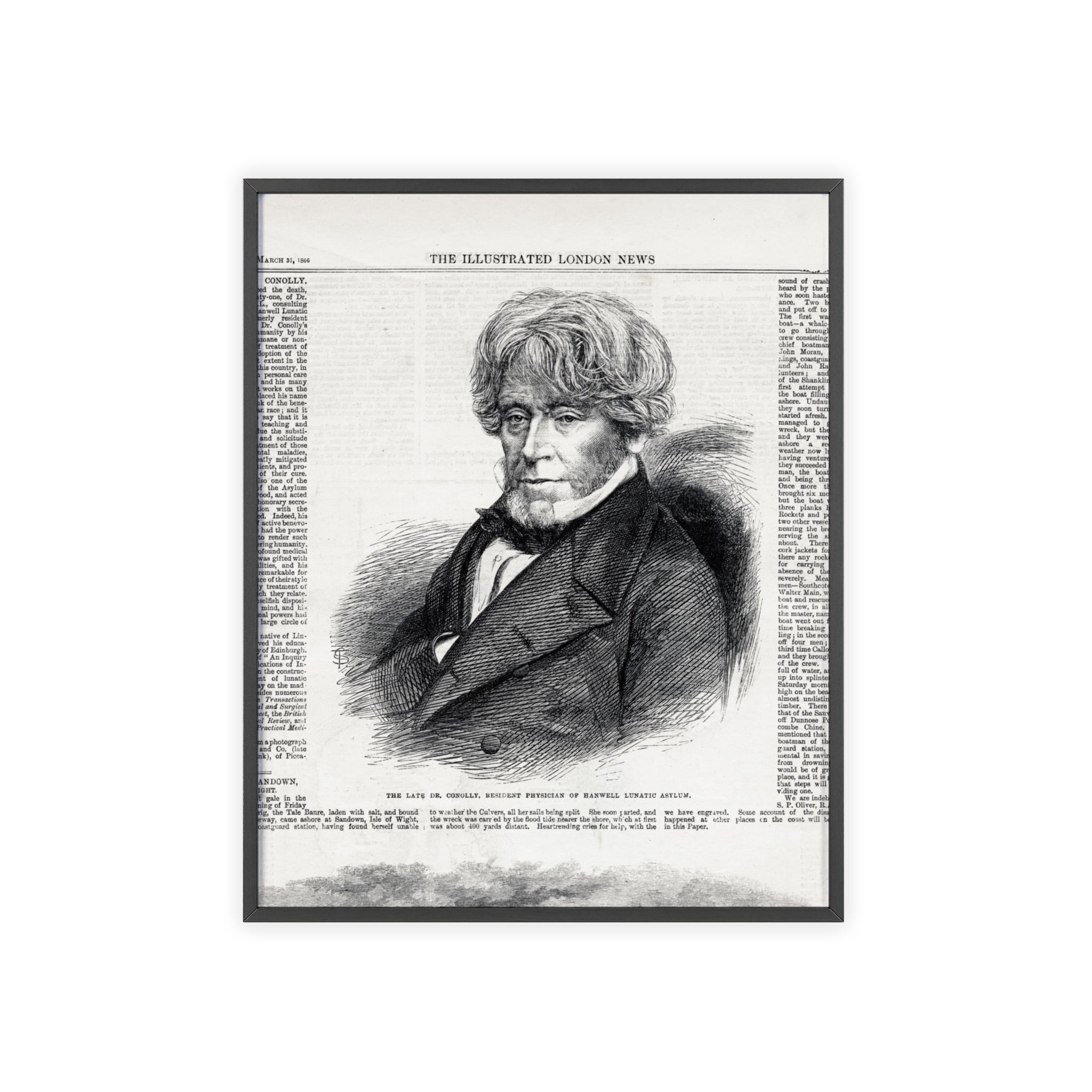 Dr. Conolly, Resident Physician of Hanwell Lunatic Asylum. Framed Vintage Portrait Print — Antique Newspaper Illustration Poster