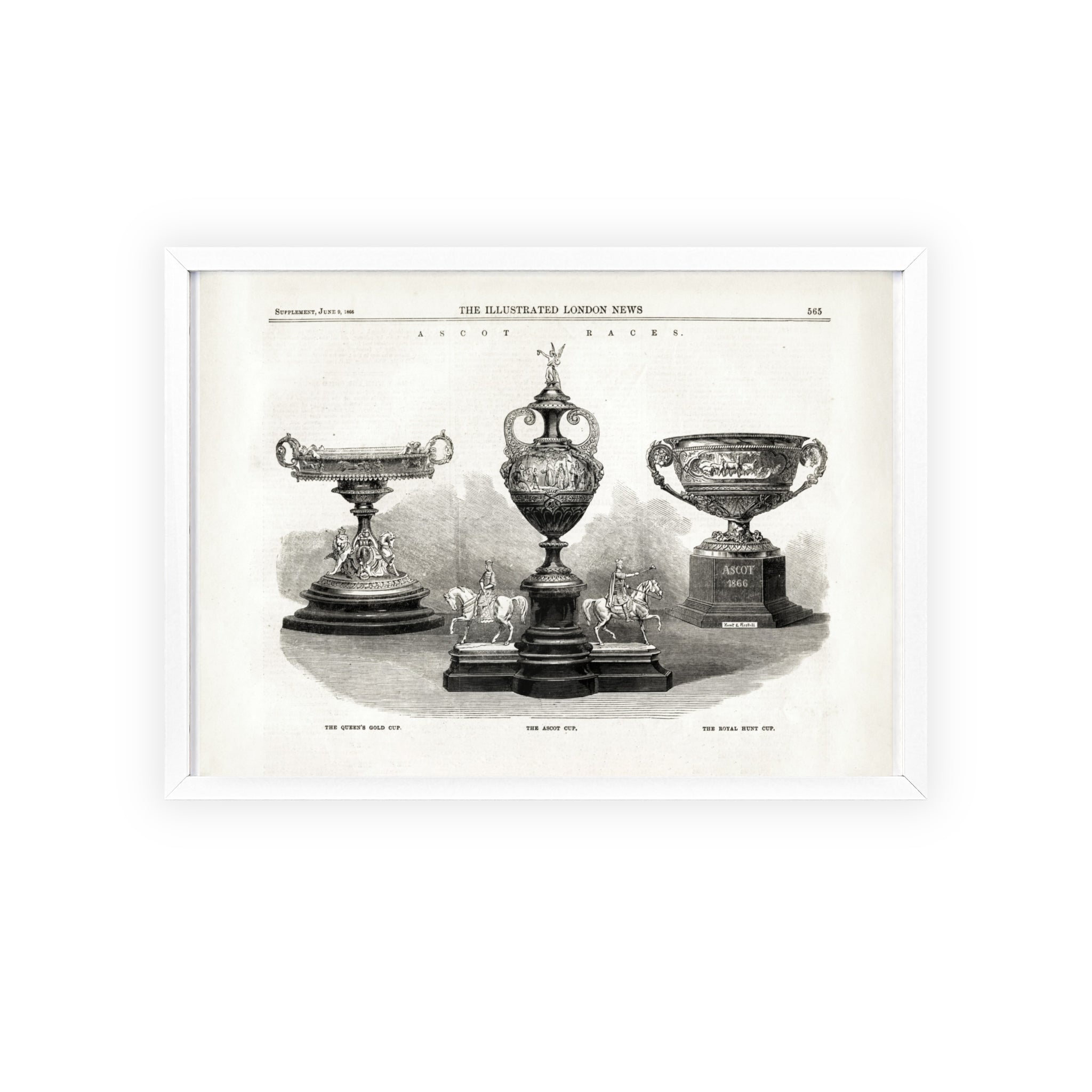 The ASCOT Races. Vintage Trophy Engraving Poster with Wooden Frame