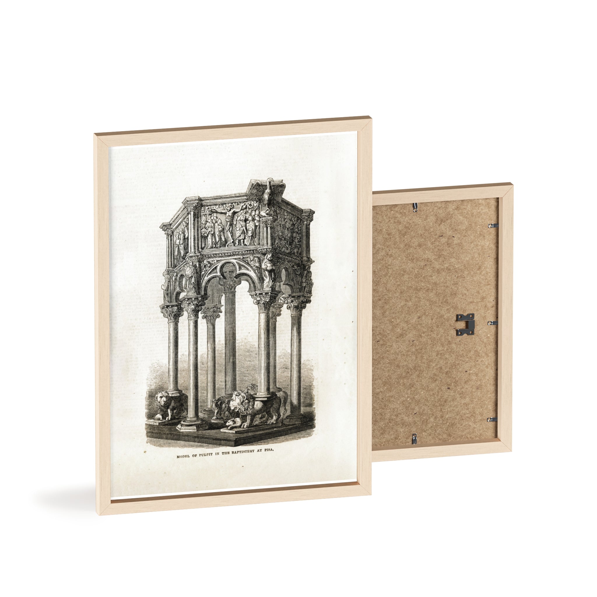 Model of Pulpit in the Baptistery at PISA. Antique Architectural Print Poster — Gothic Baptistery Illustration in Wooden Frame