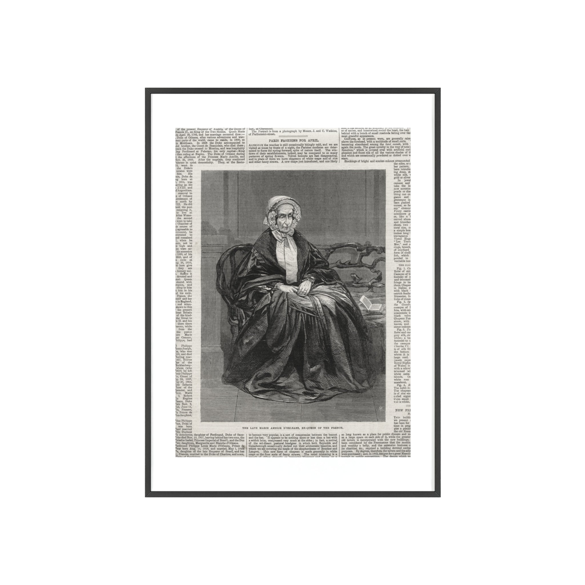 The Late Marie Amelie D'Orleans, Ex-Queen of the French. Vintage Portrait Newspaper Art Poster with Black Wooden Frame
