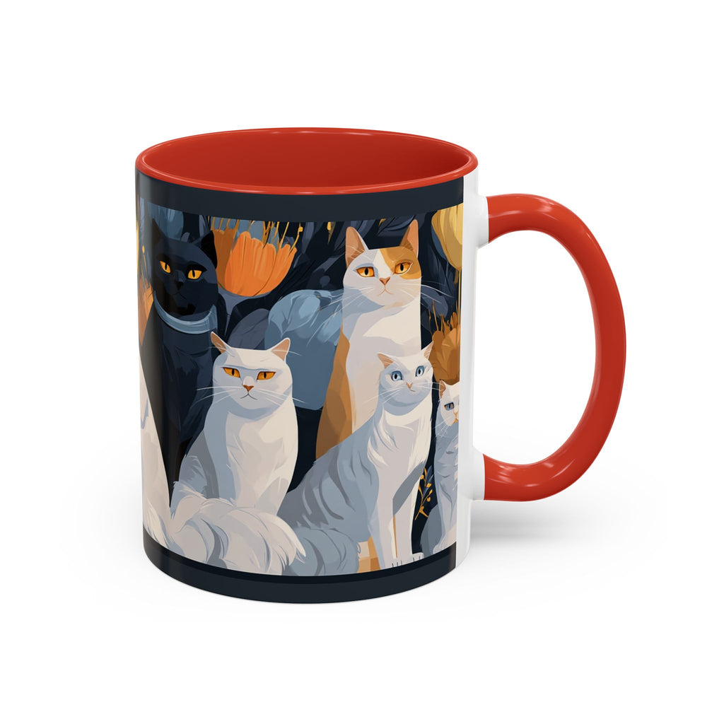 Cat Pattern Accent Coffee Mug — Illustrated Cats Floral Night Design (11/15oz)