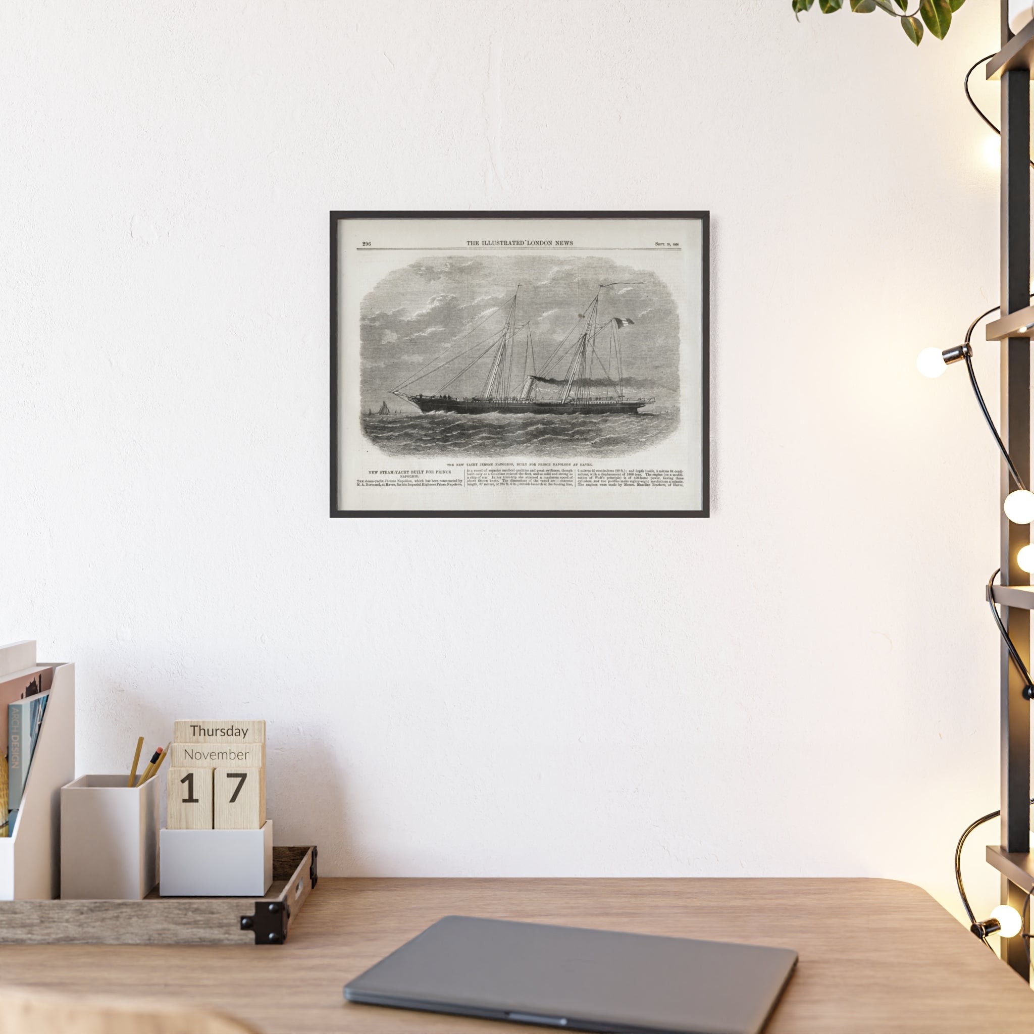 The New Yacht JEROME NAPOLEON, Built for Prince NAPOLEAN at Havre. Framed Vintage Ship Print Poster — Nautical Wall Art with Wooden Frame