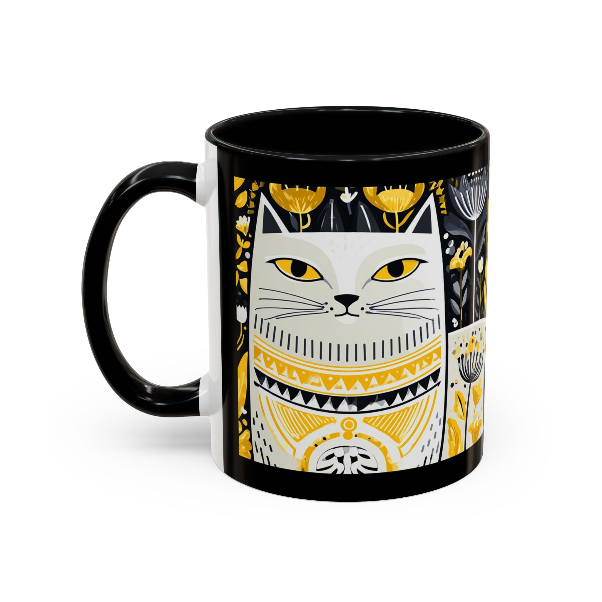 Black & Gold Cat Floral Coffee Mug — Whimsical Botanical Cat Accent Mug (11/15oz)