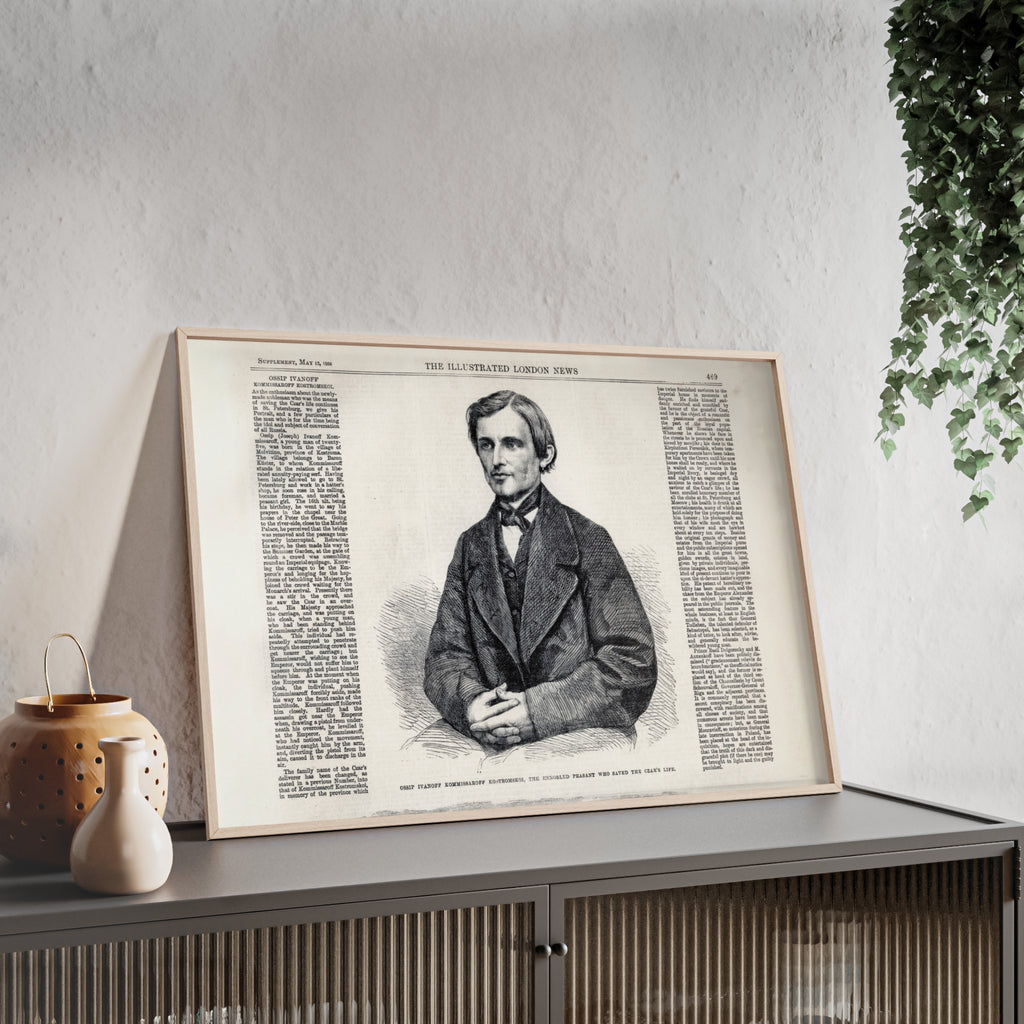 Portrait of Ossip Ivanoff the peasant who saved the Czar's Life. Vintage Newspaper Print Poster with Wooden Frame