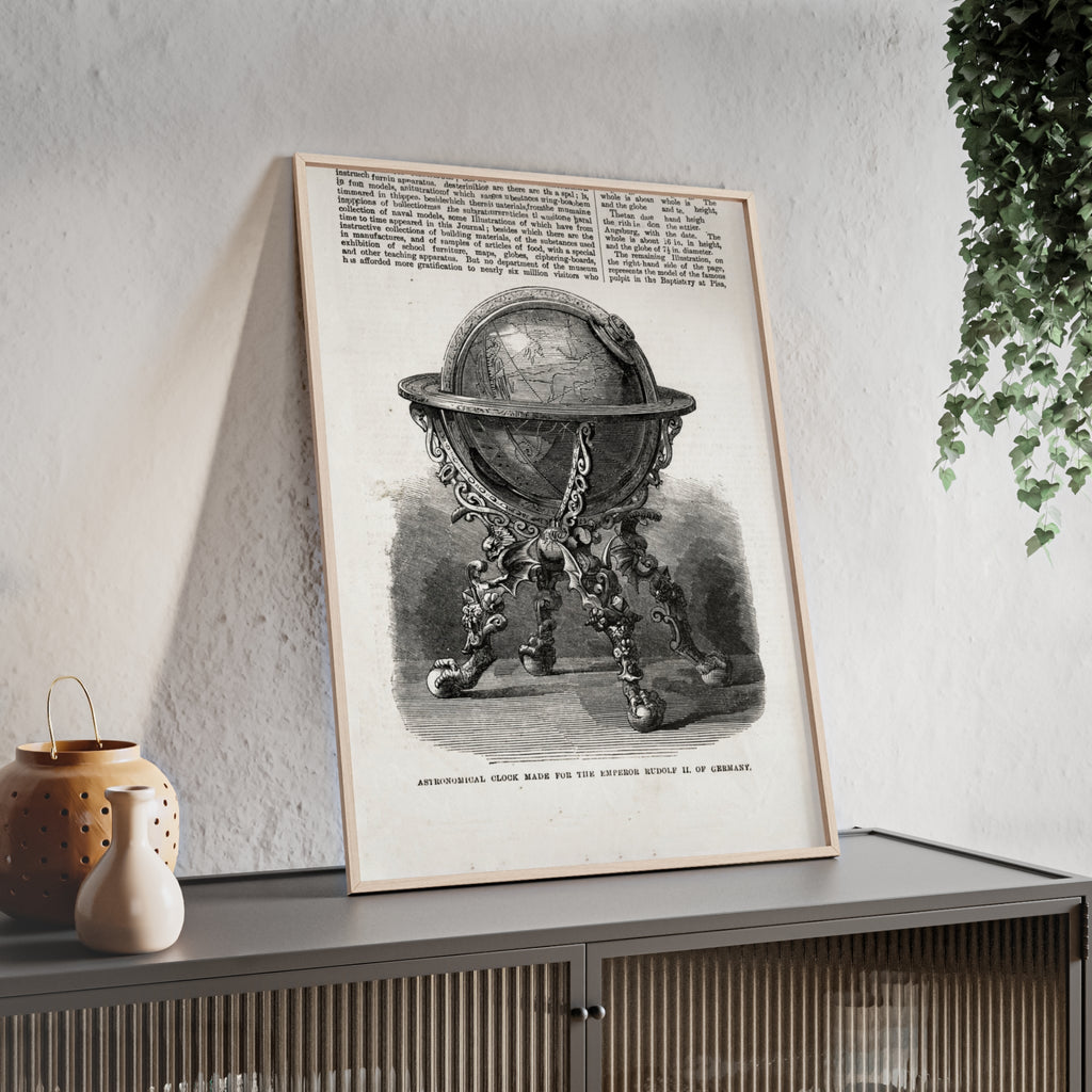 Astronomical Clock made for the Emperor RUDOLPH II, of Germany. Vintage Globe Illustration Poster with Wooden Frame — Antique Map Print