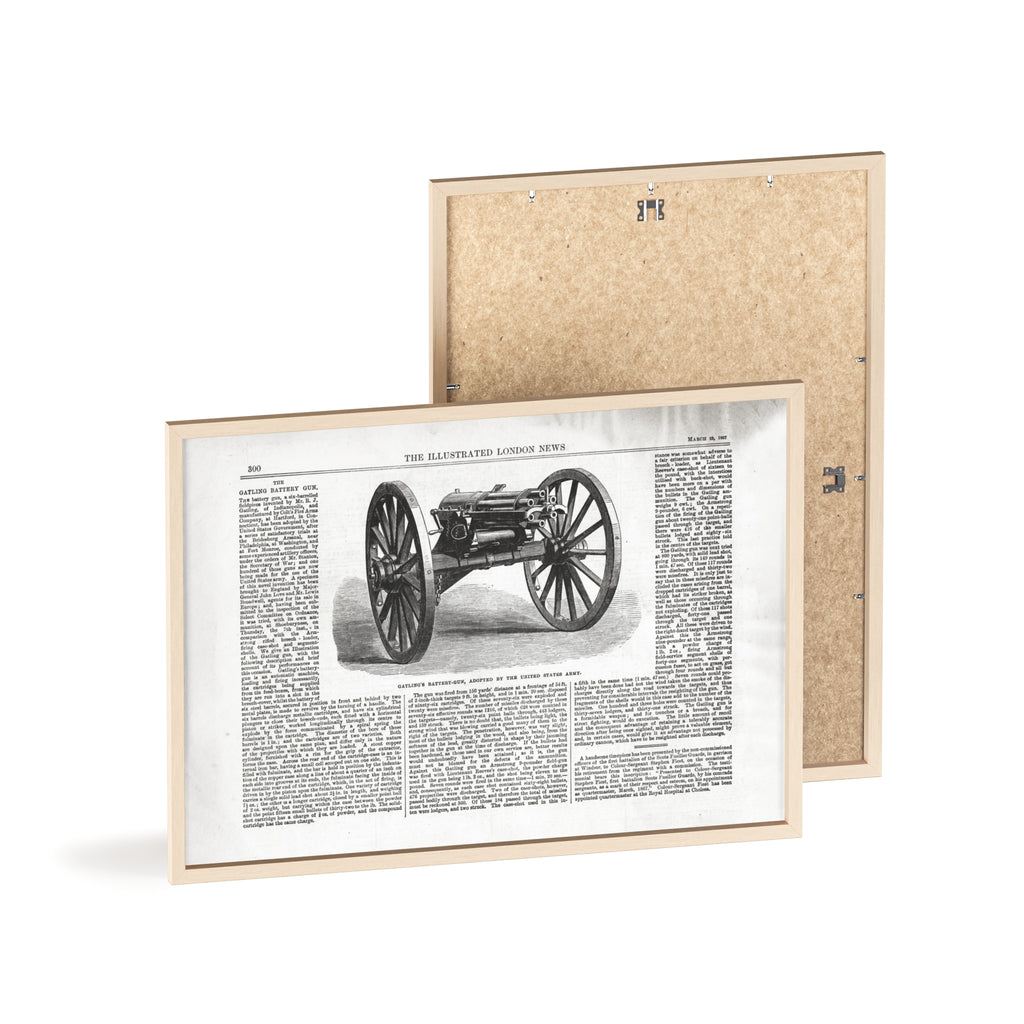 GATLING'S Battery-Gun, adopted by the United States Army. Vintage Cannon Patent Poster with Wooden Frame – Antique Engineering Print