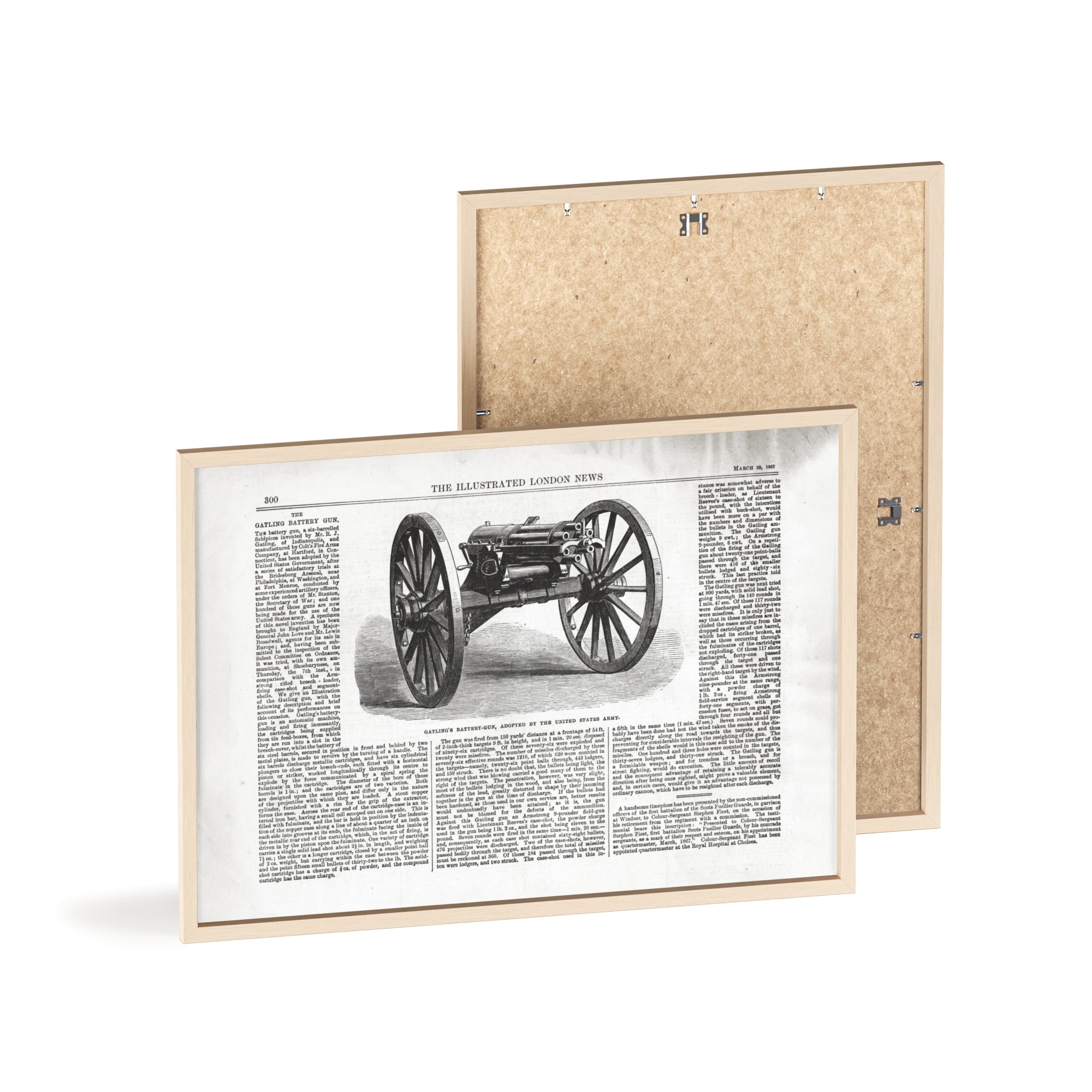GATLING'S Battery-Gun, adopted by the United States Army. Vintage Cannon Patent Poster with Wooden Frame – Antique Engineering Print