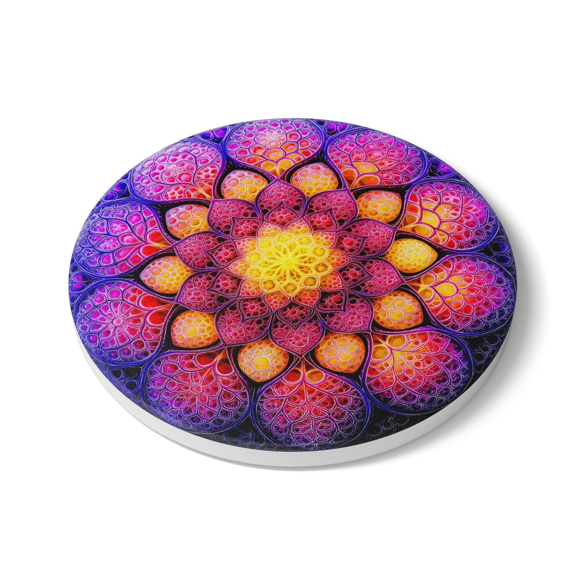 Mandala Ceramic Coaster — Vibrant Purple & Gold Floral Design