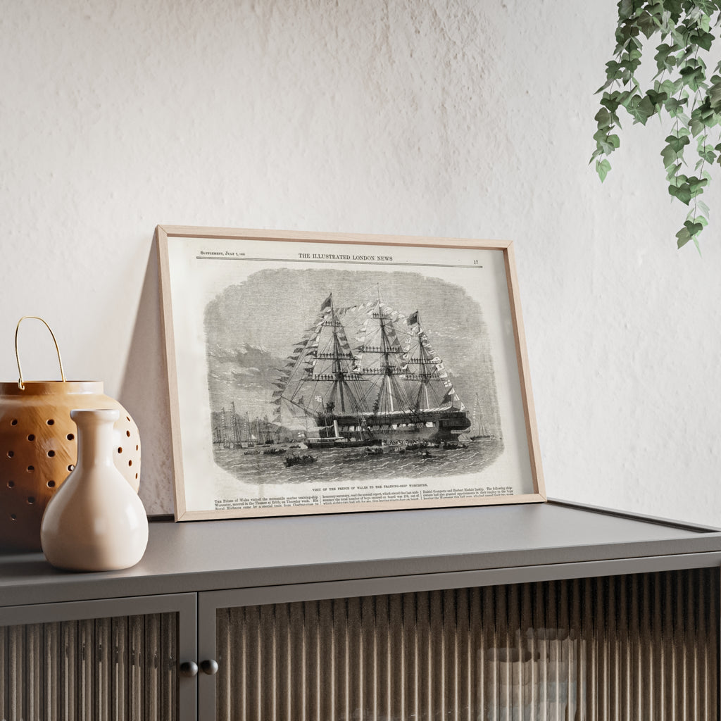 Visit of the Prince of Wales to the Training-Ship Worcester. Framed Vintage Sailing Ship Poster — Nautical Wall Art with Wooden Frame