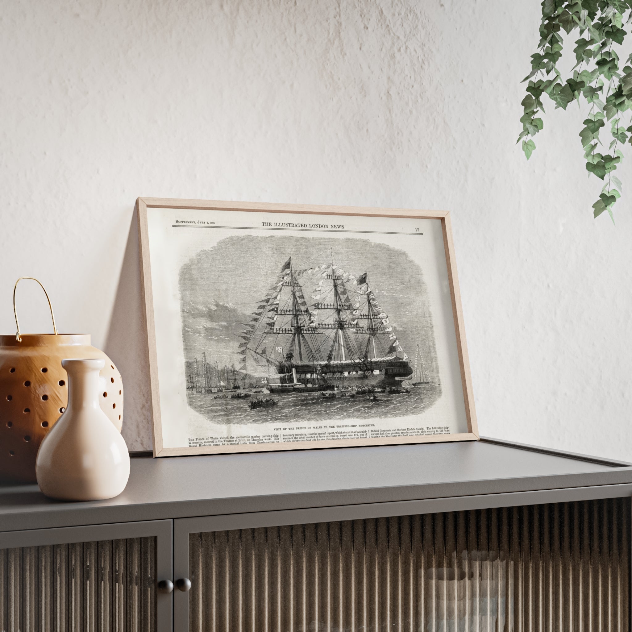 Visit of the Prince of Wales to the Training-Ship Worcester. Framed Vintage Sailing Ship Poster — Nautical Wall Art with Wooden Frame