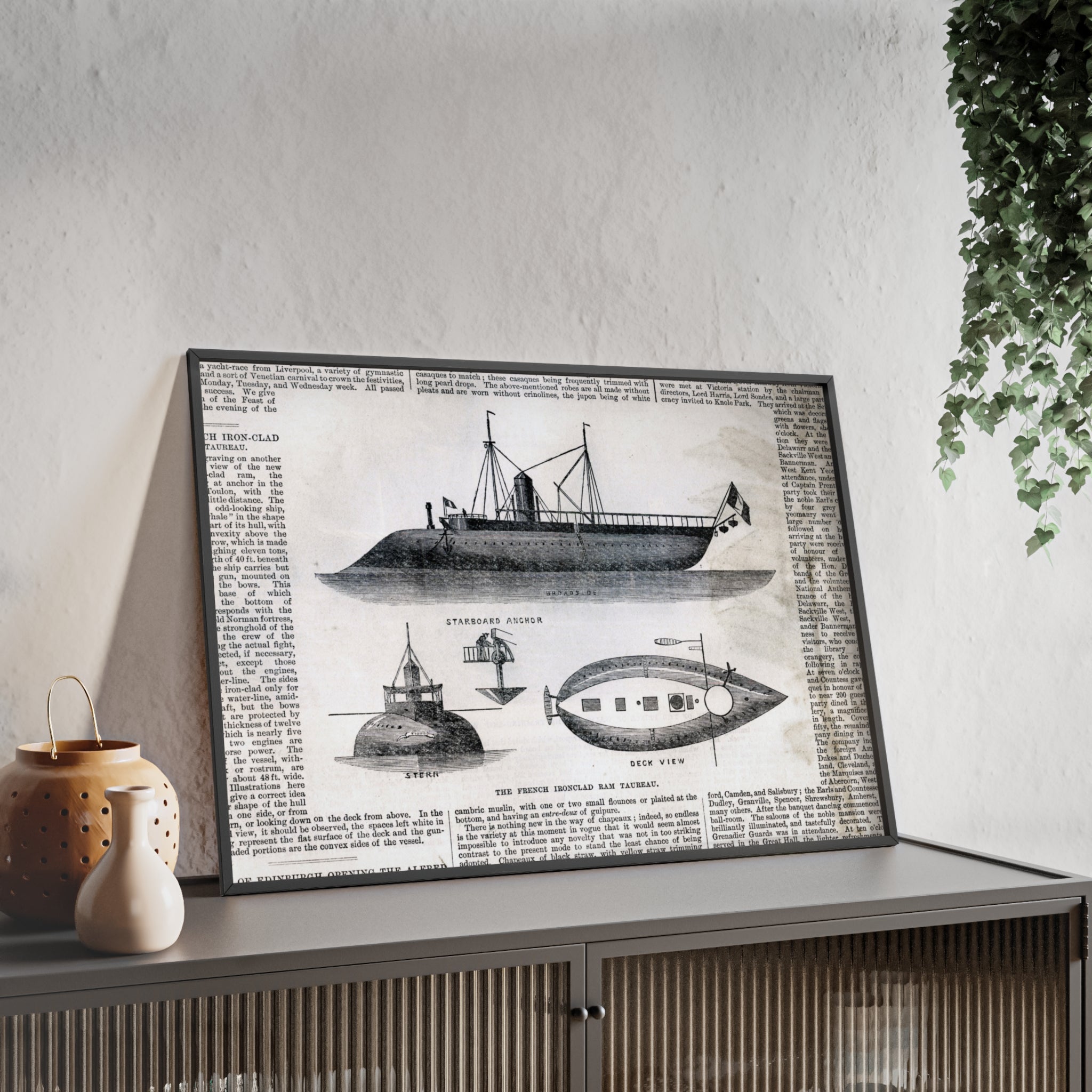 The French Ironclad RAM TAUREAU. Vintage Steamboat Patent Poster — Framed Nautical Wall Art