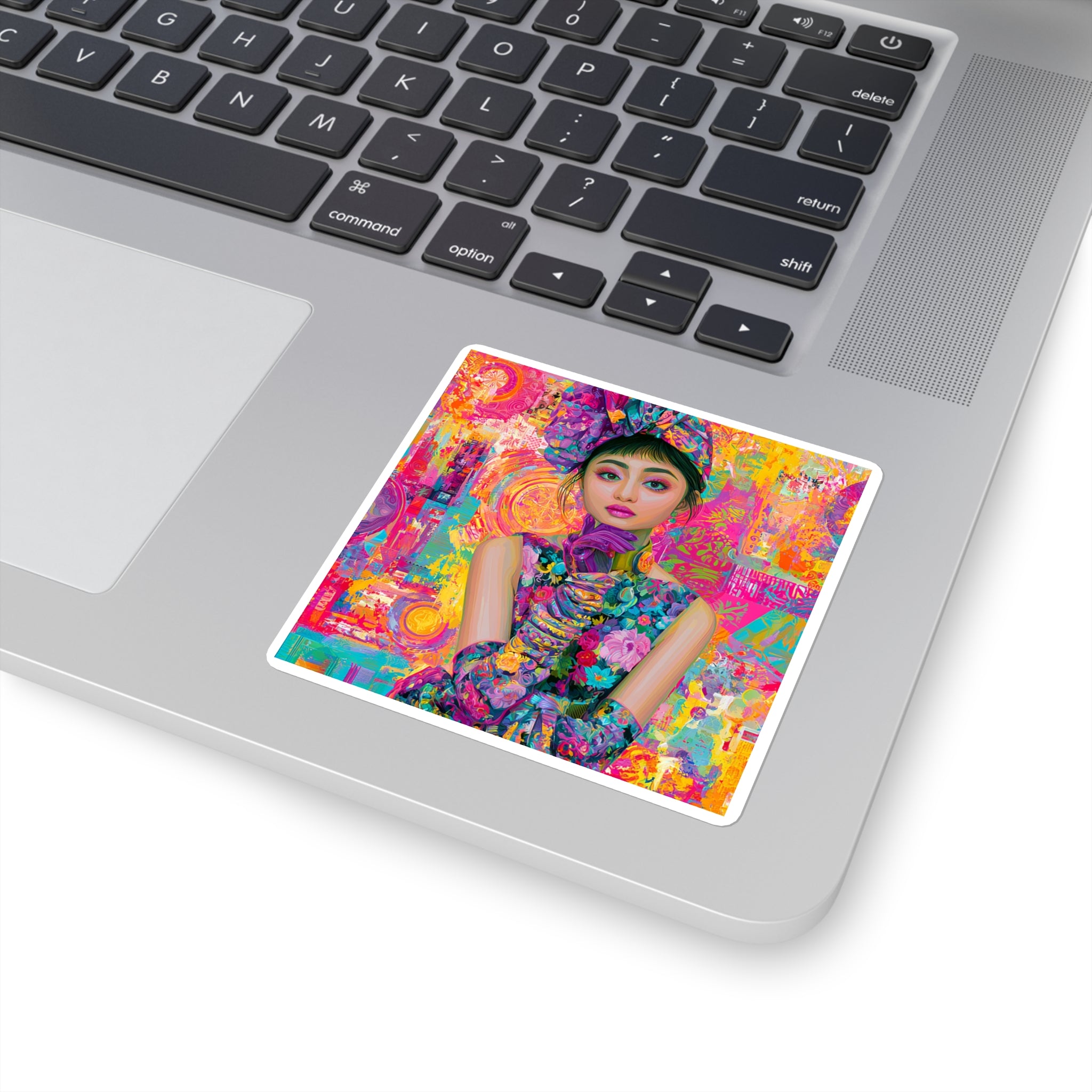 Colorful Floral Portrait Square Sticker — Vibrant Pop-Art Fashion Decal