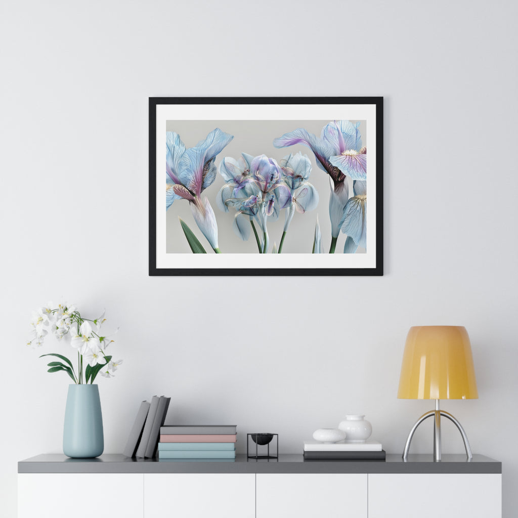 Botanical Iris Framed Poster — Soft Blue Floral Wall Art (Horizontal)