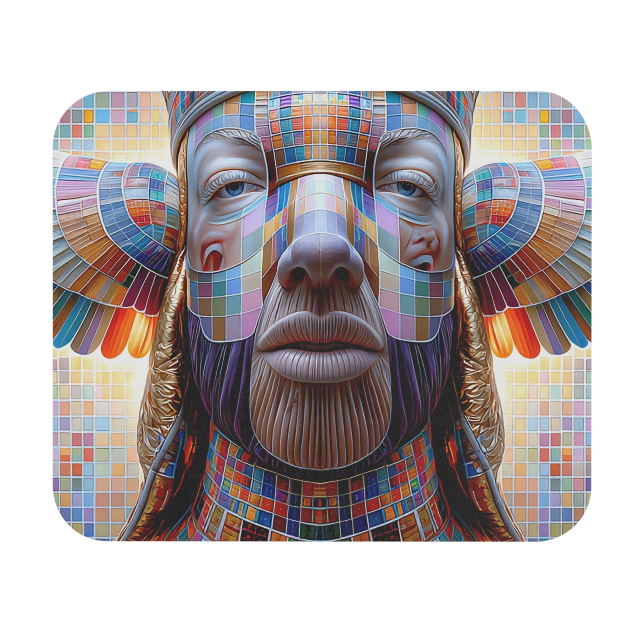 Color Mosaic Tribal Face Mouse Pad — Vibrant Geometric Desk Mat