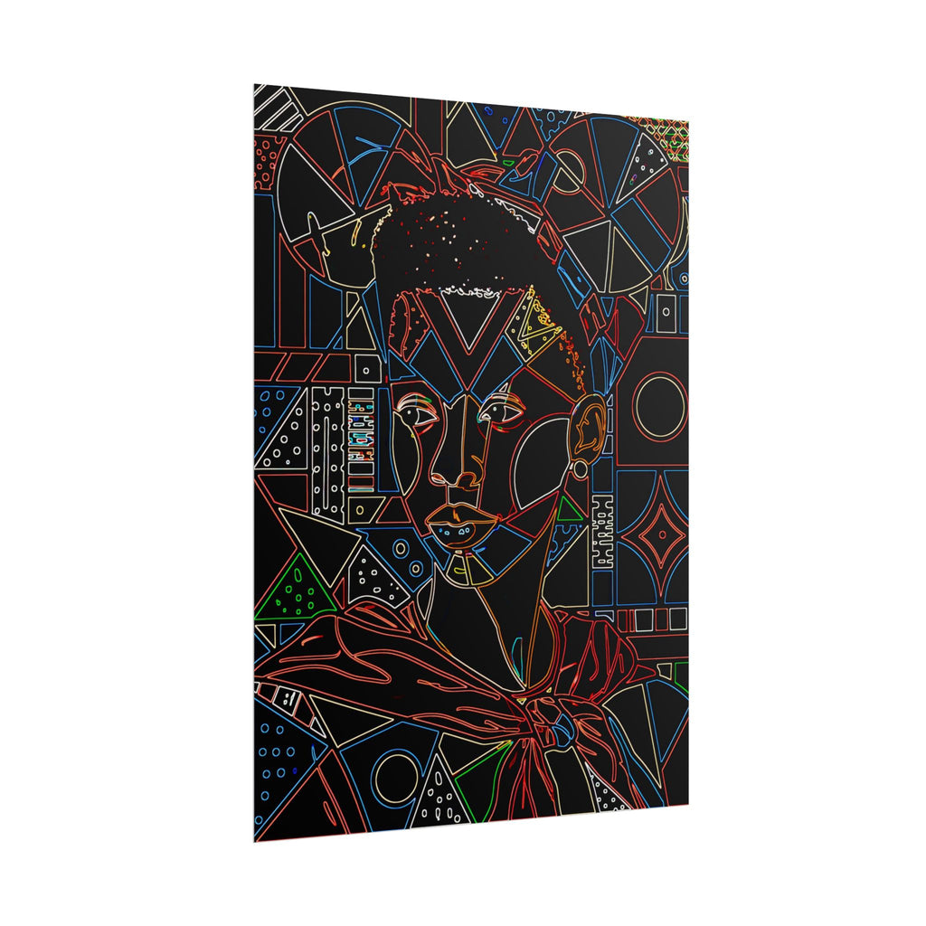 Neon Line Art Portrait Poster — Afro Futurism Geometric Wall Art (Rolled)