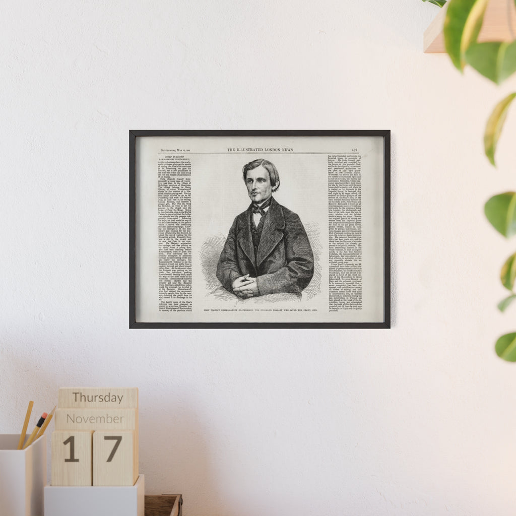 OSSIP IVANOFF, the peasant who saved the CZAR's Life. Vintage Illustrated Portrait Poster with Wooden Frame — Antique Newspaper Art Print