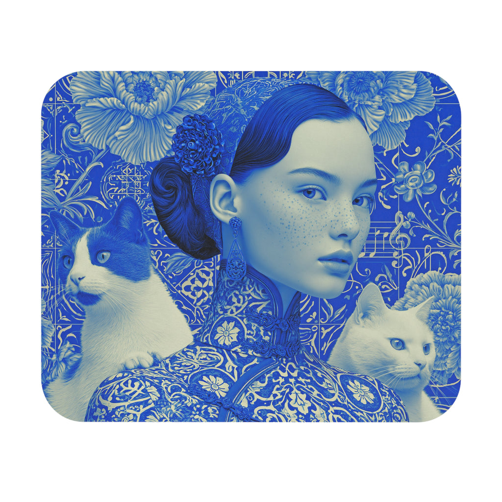 Blue Portrait Cat Mouse Pad — Artistic Decorative Desk Mat