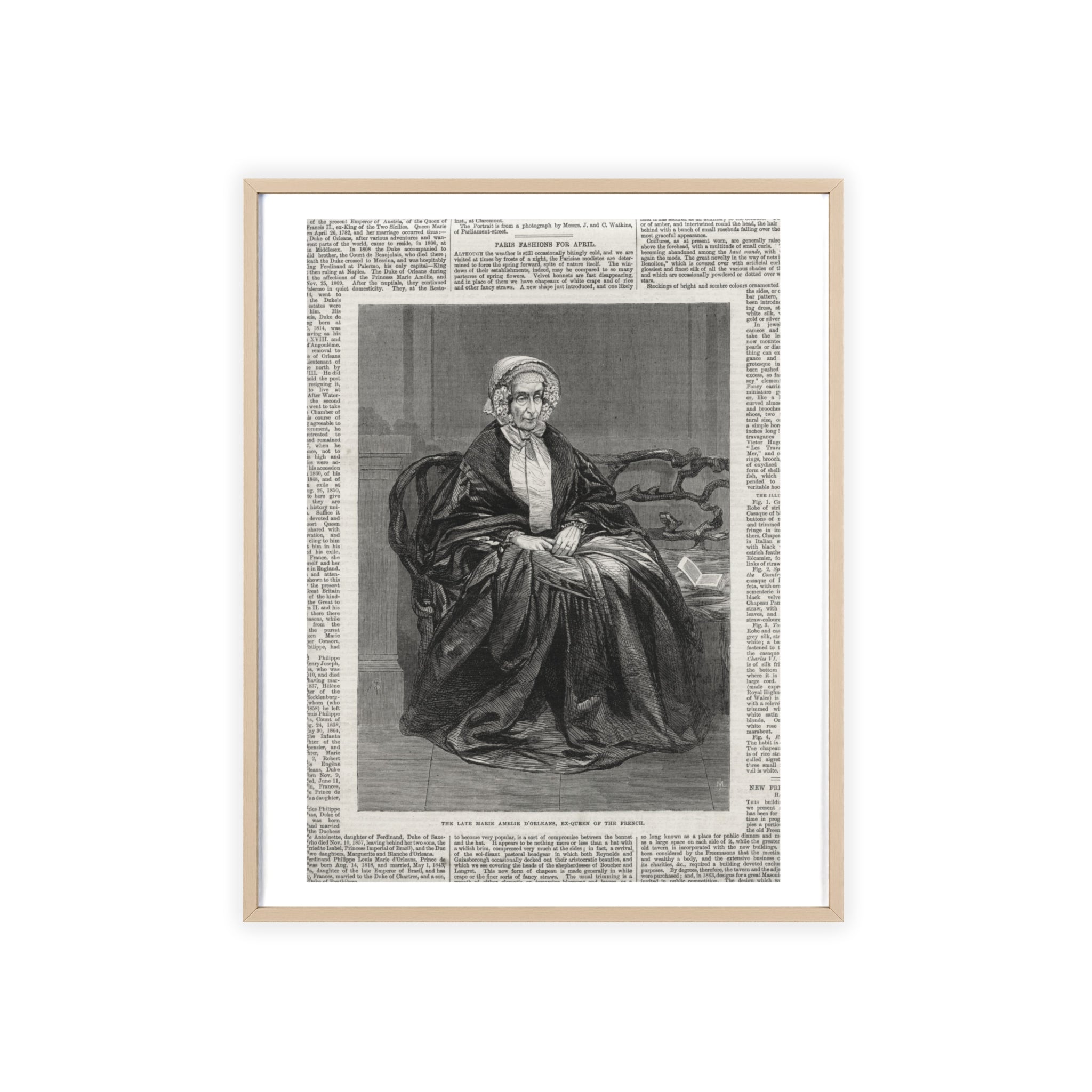 The Late Marie Amelie D'Orleans, Ex-Queen of the French. Vintage Portrait Newspaper Art Poster with Black Wooden Frame
