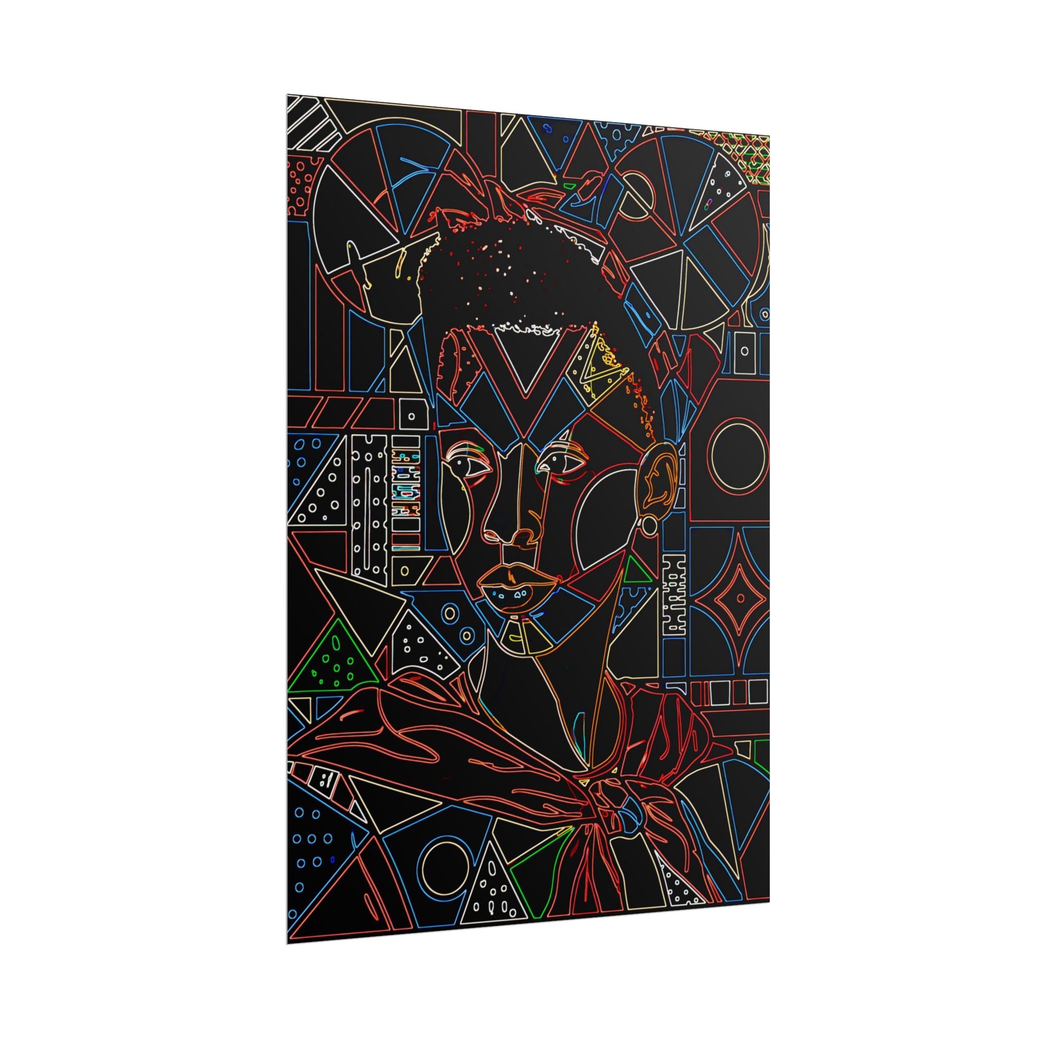 Neon Line Art Portrait Poster — Afro Futurism Geometric Wall Art (Rolled)