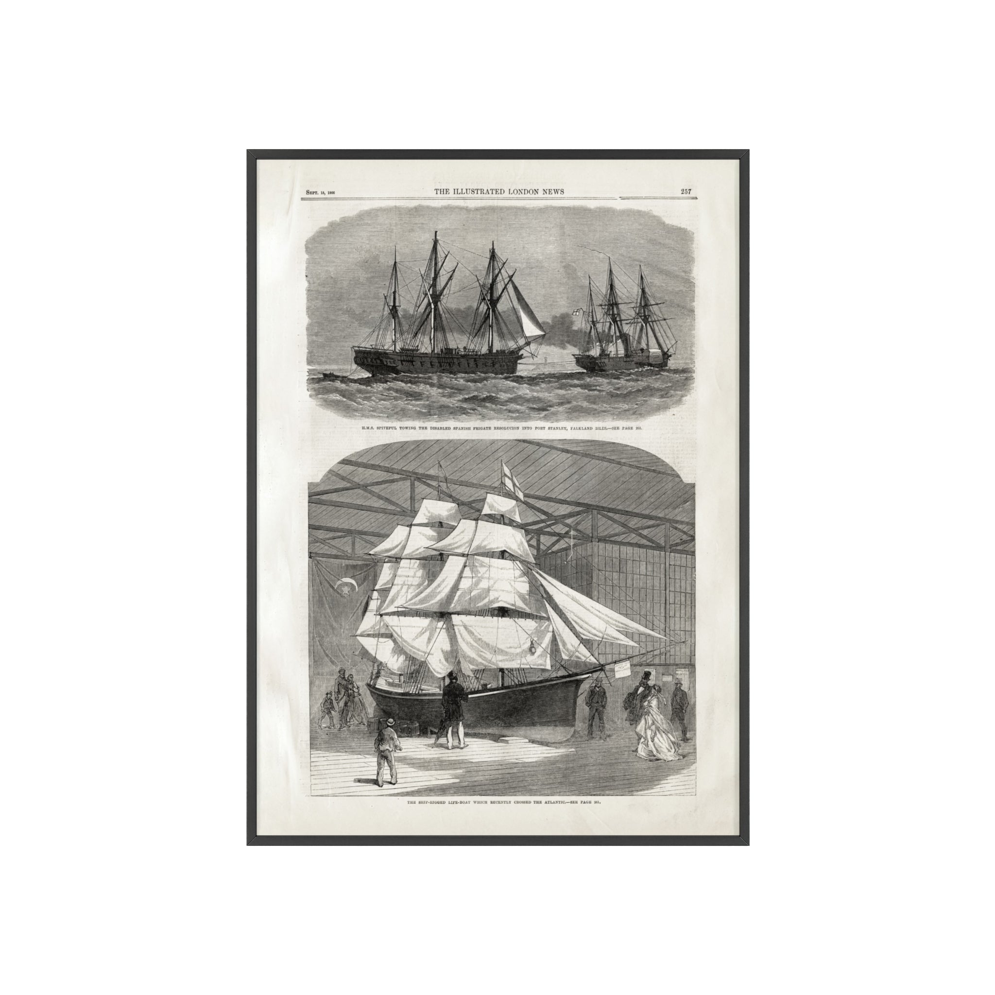 Vintage Nautical Ship Poster with Wooden Frame – Antique Sailing Print Wall Art