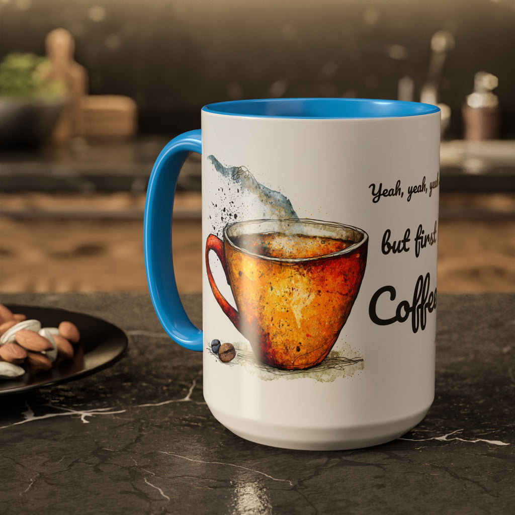 But First Coffee Ceramic Mug — Colorful Watercolor Coffee Cups (11oz & 15oz)