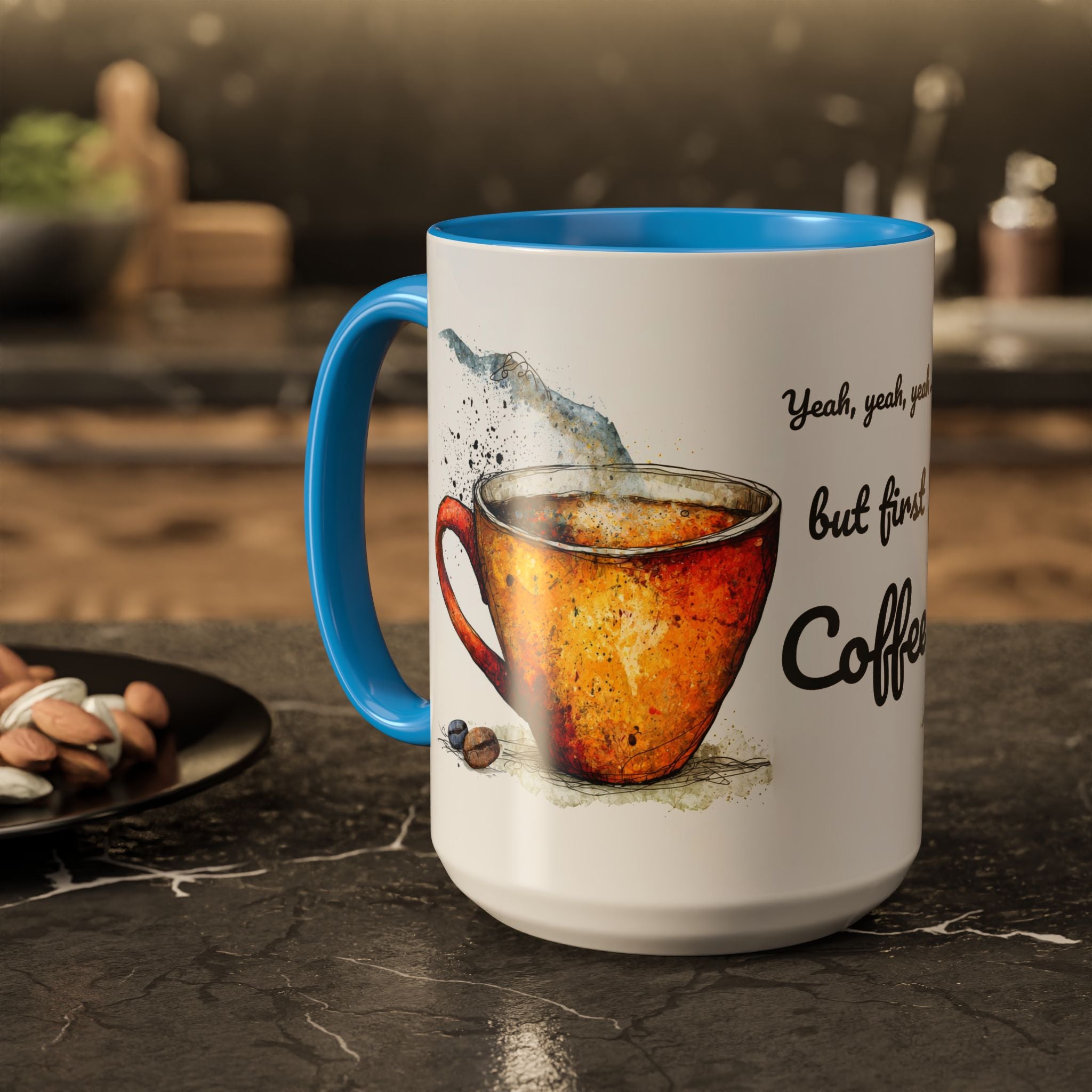 But First Coffee Ceramic Mug — Colorful Watercolor Coffee Cups (11oz & 15oz)