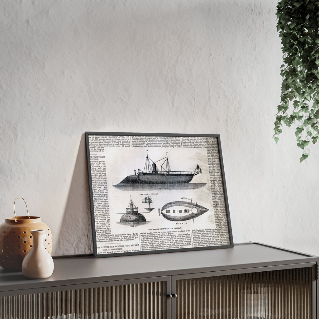 The French Ironclad RAM TAUREAU. Vintage Steamboat Patent Poster — Framed Nautical Wall Art