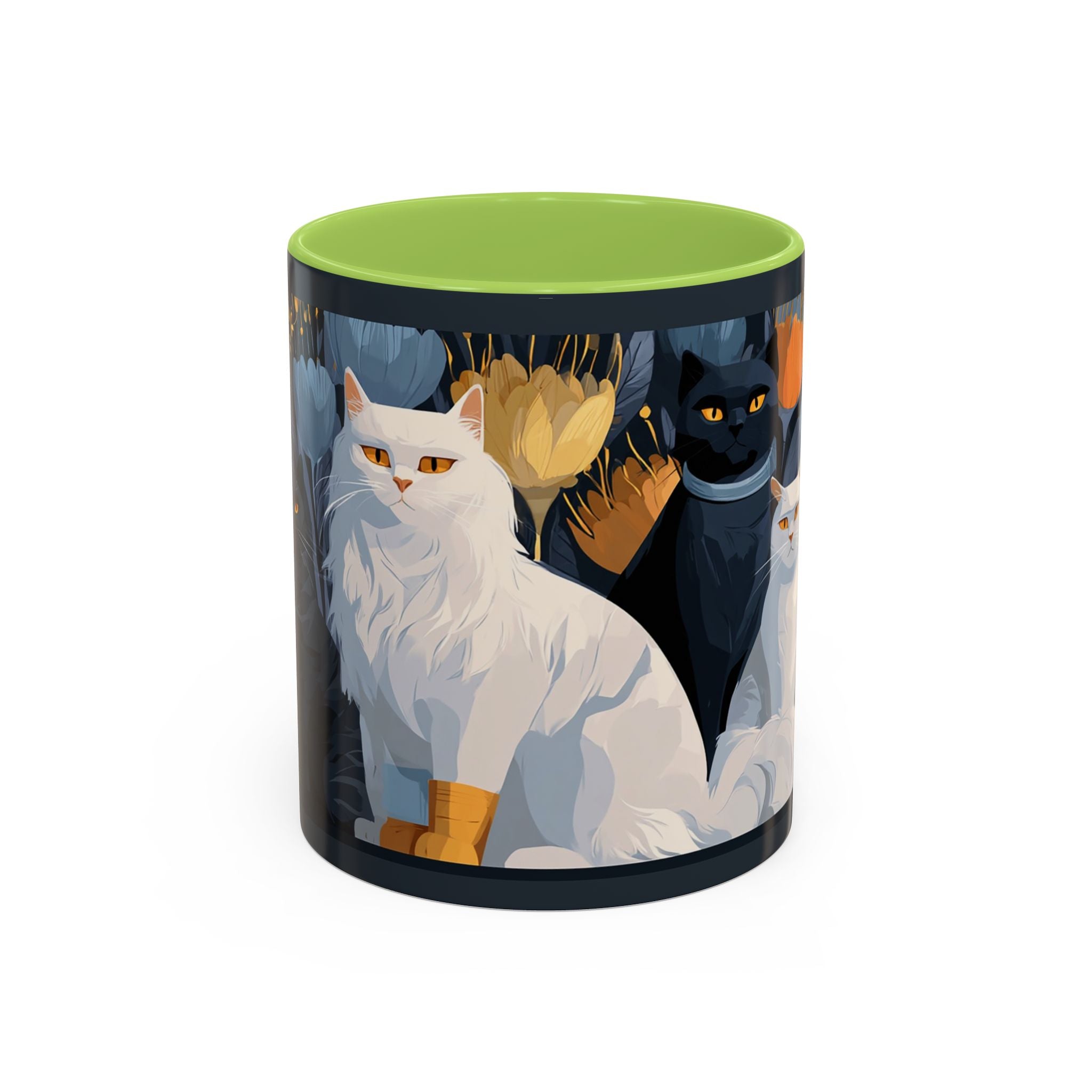 Cat Pattern Accent Coffee Mug — Illustrated Cats Floral Night Design (11/15oz)