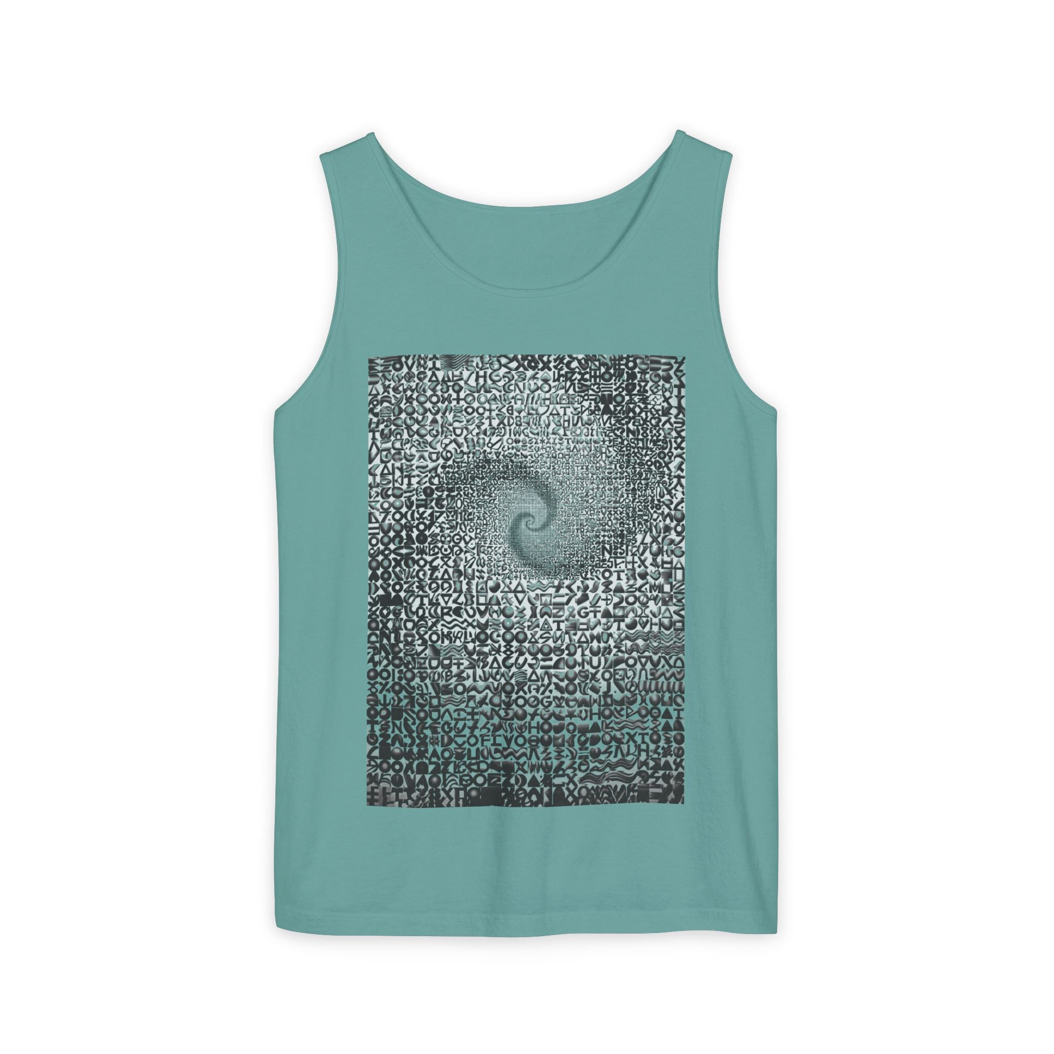 Spiral Text Art Tank Top — Monochrome Optical Typography Tee