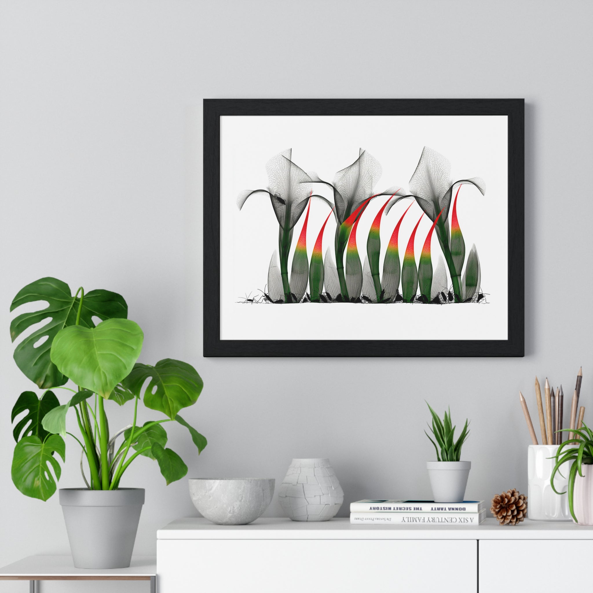 Framed Poster - Abstract Botanical Calla Lily Art with Red & Green Accents