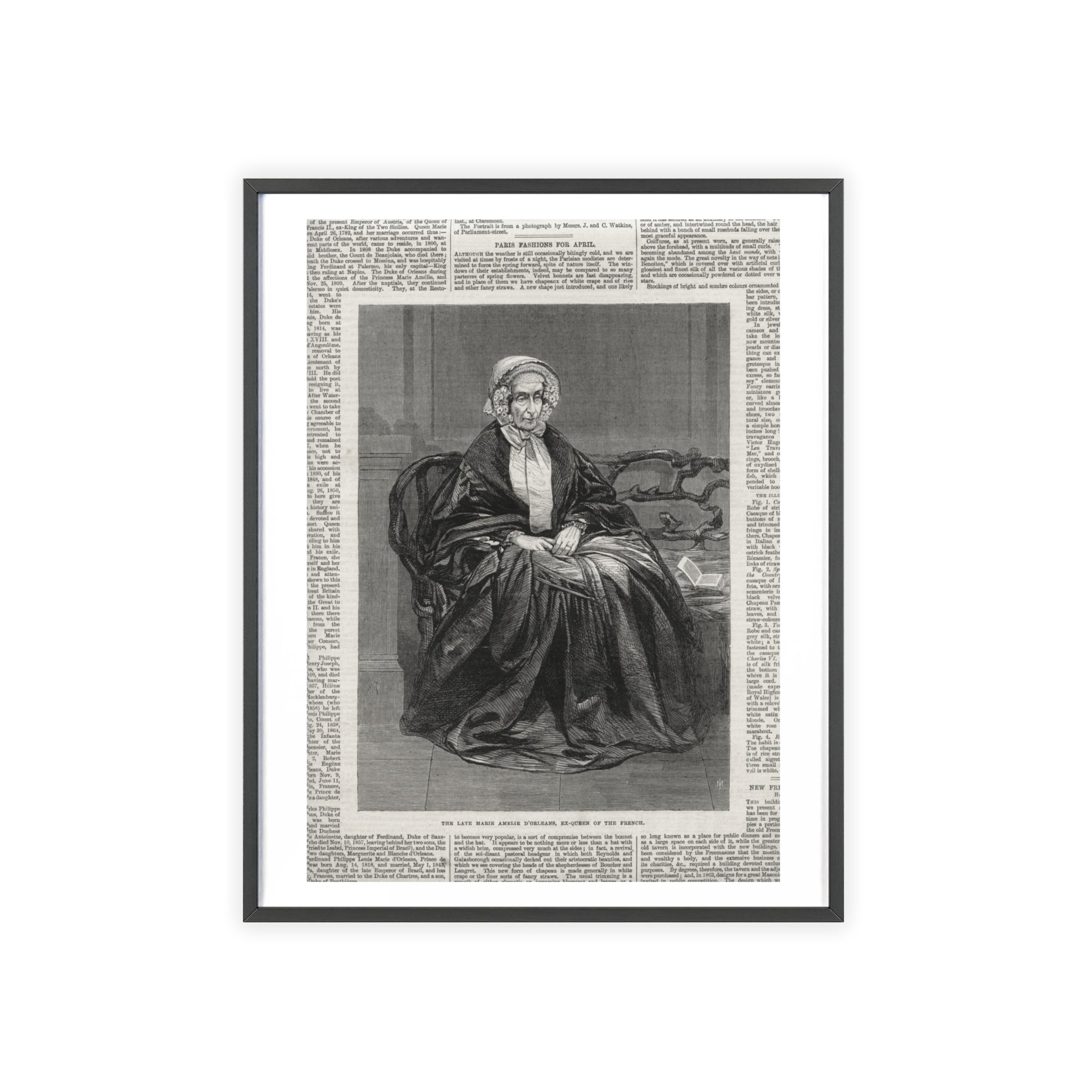 The Late Marie Amelie D'Orleans, Ex-Queen of the French. Vintage Portrait Newspaper Art Poster with Black Wooden Frame