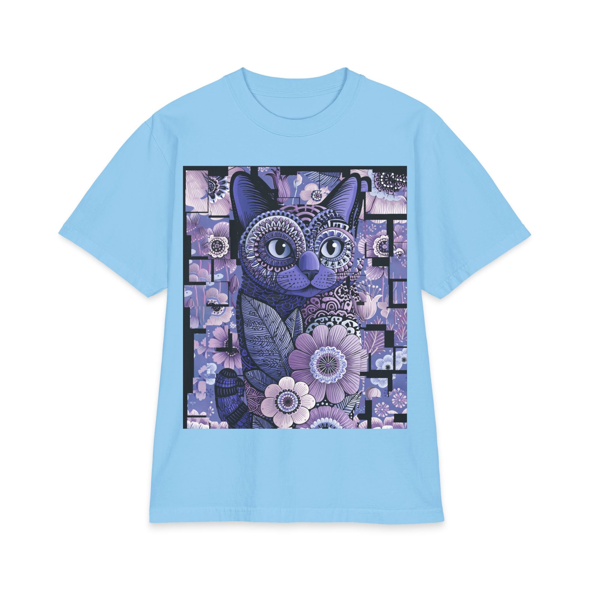 Cat Floral Art T-Shirt — Purple Mosaic Kitty Tee