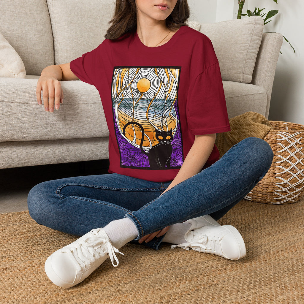 Sunlit Waves Art Tee — Black Cat & Golden Moon Graphic T-Shirt