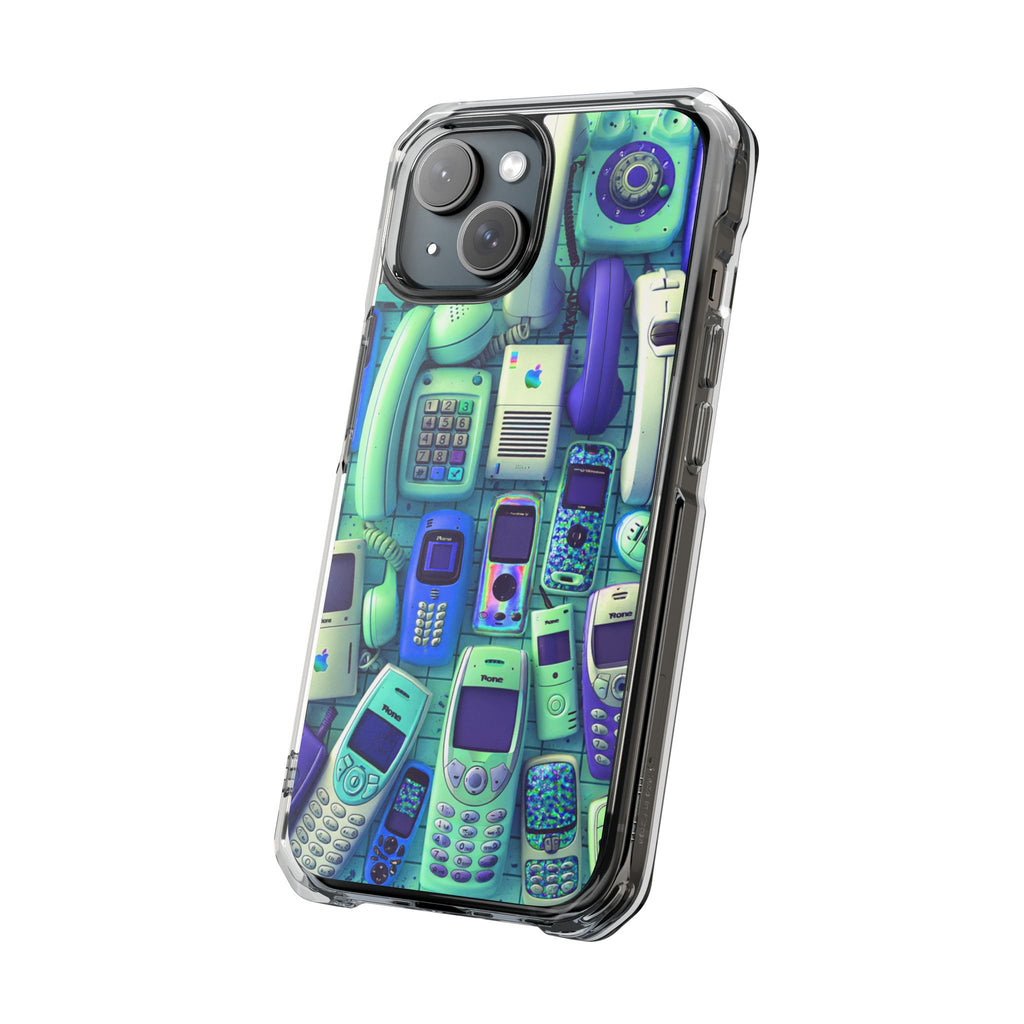 Retro Phones Clear Magnetic Phone Case — Vintage Mobile Pattern, Protective Impact Case