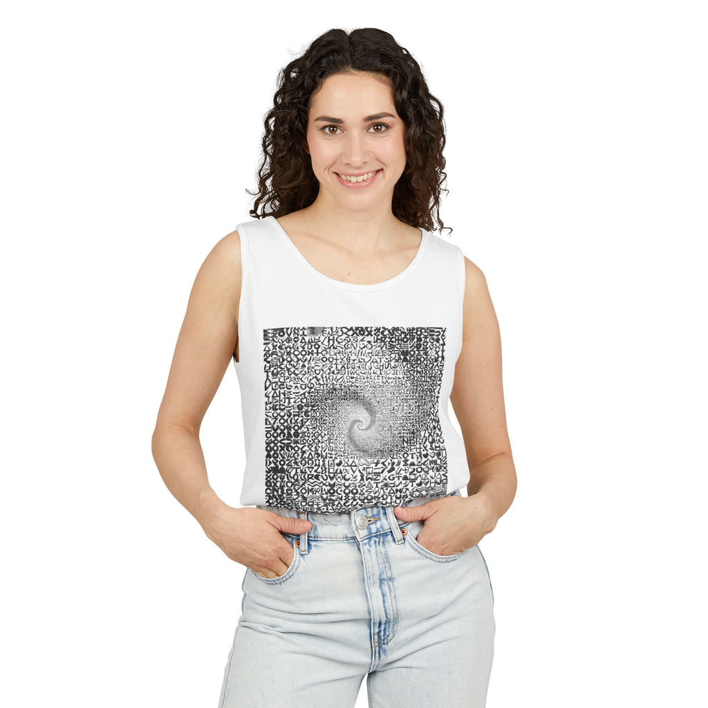Spiral Text Art Tank Top — Monochrome Optical Typography Tee