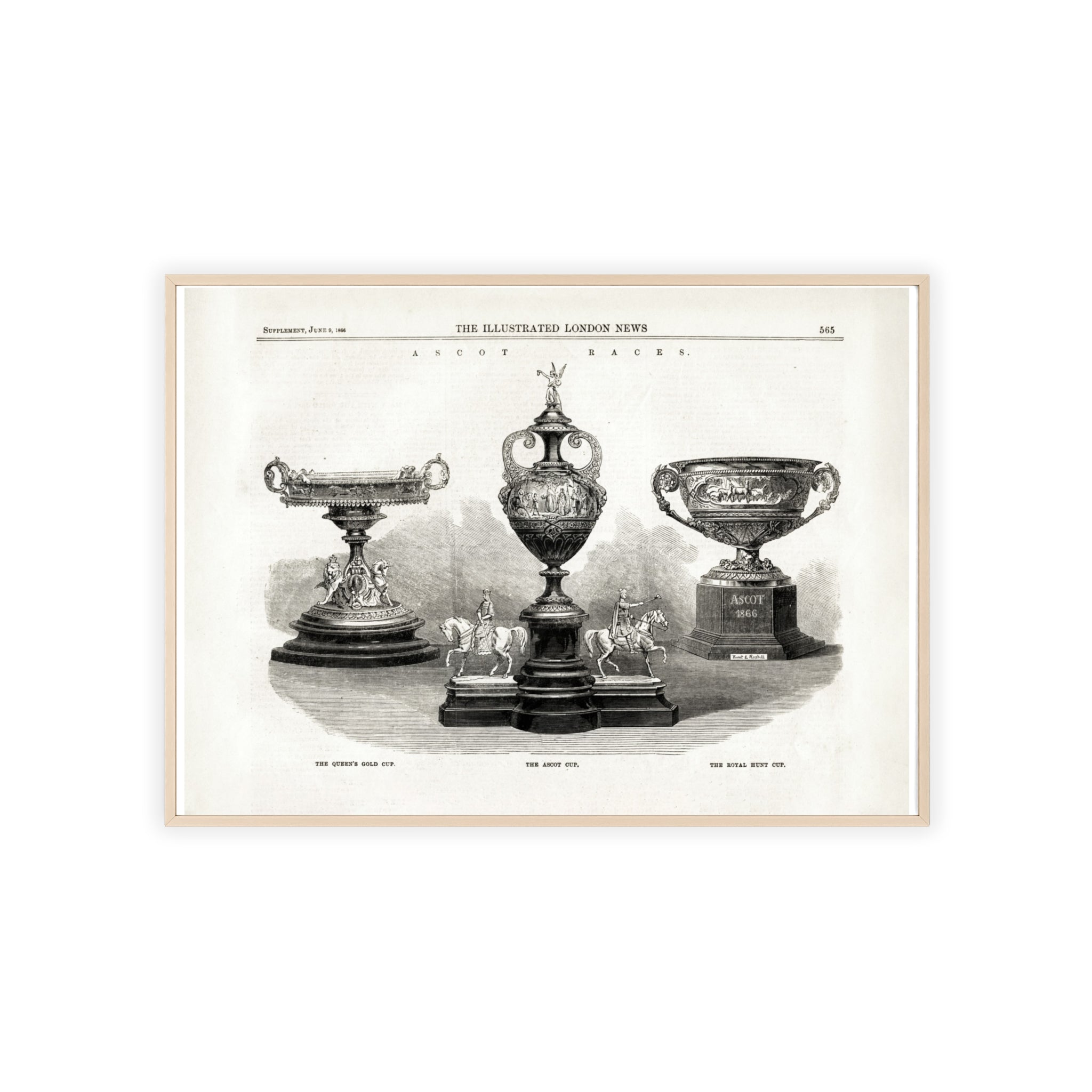 The ASCOT Races. Vintage Trophy Engraving Poster with Wooden Frame